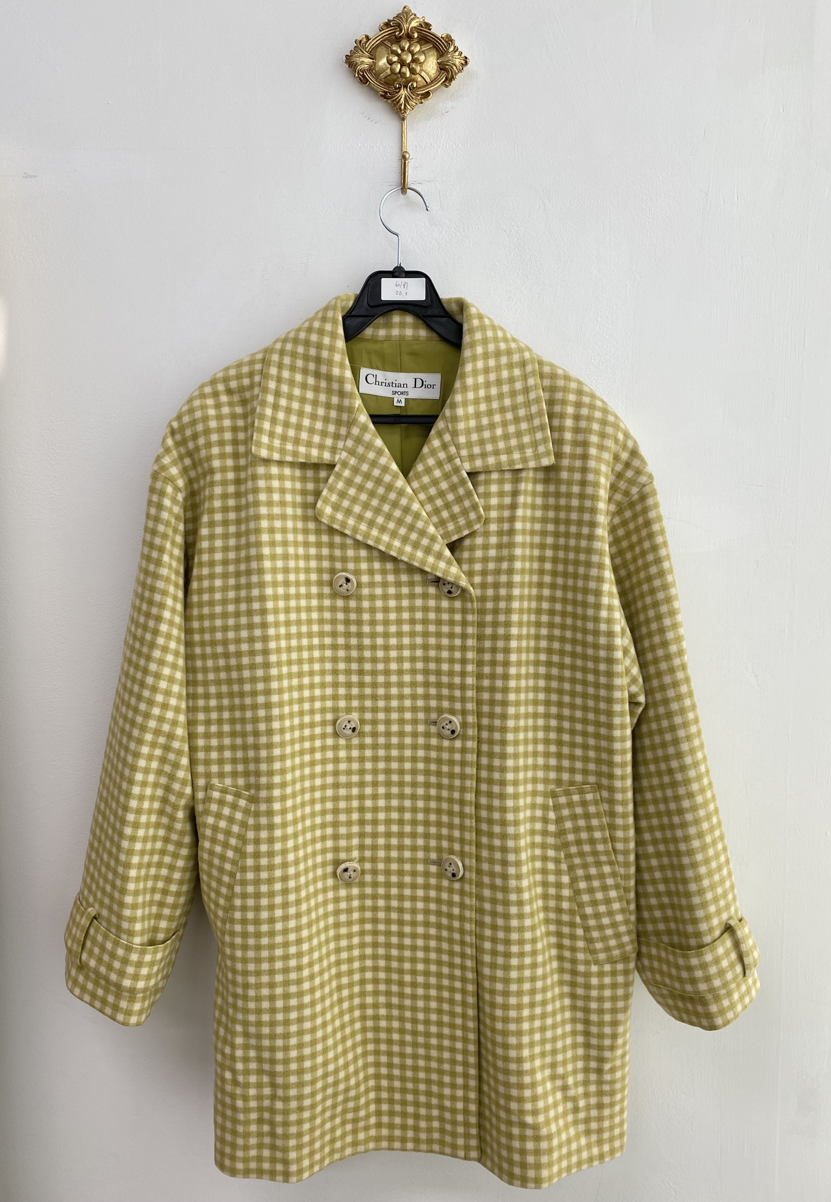 Christian Dior yellow green gingham check wool double coat