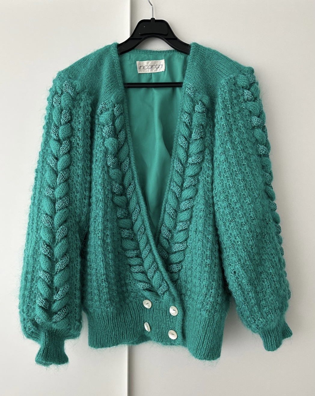 Turquoise green cable deep v-neck knit cardigan