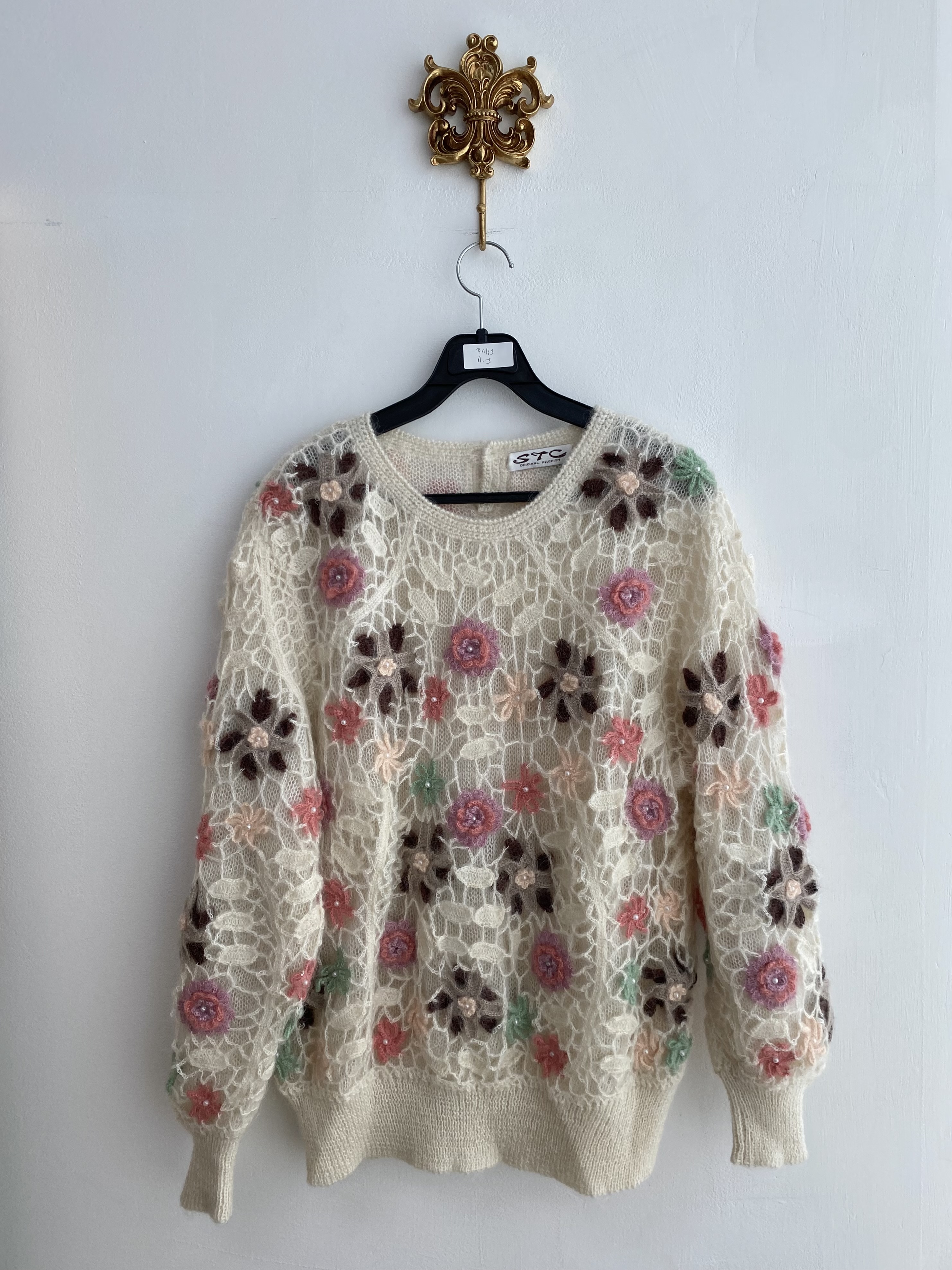 Ivory colorful flower angora knit