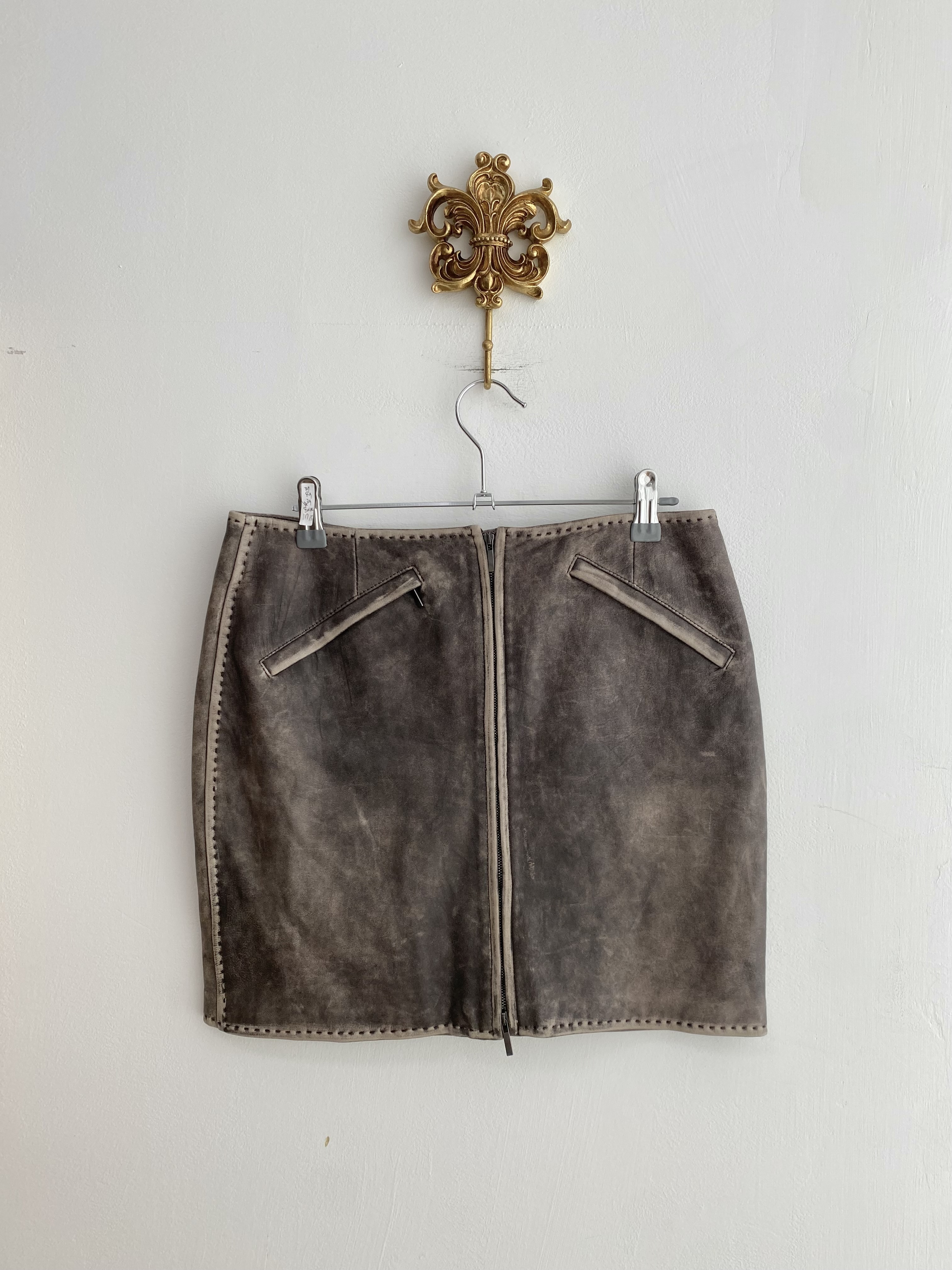 Max Mara dark brown genuine leather washing zipper skirt