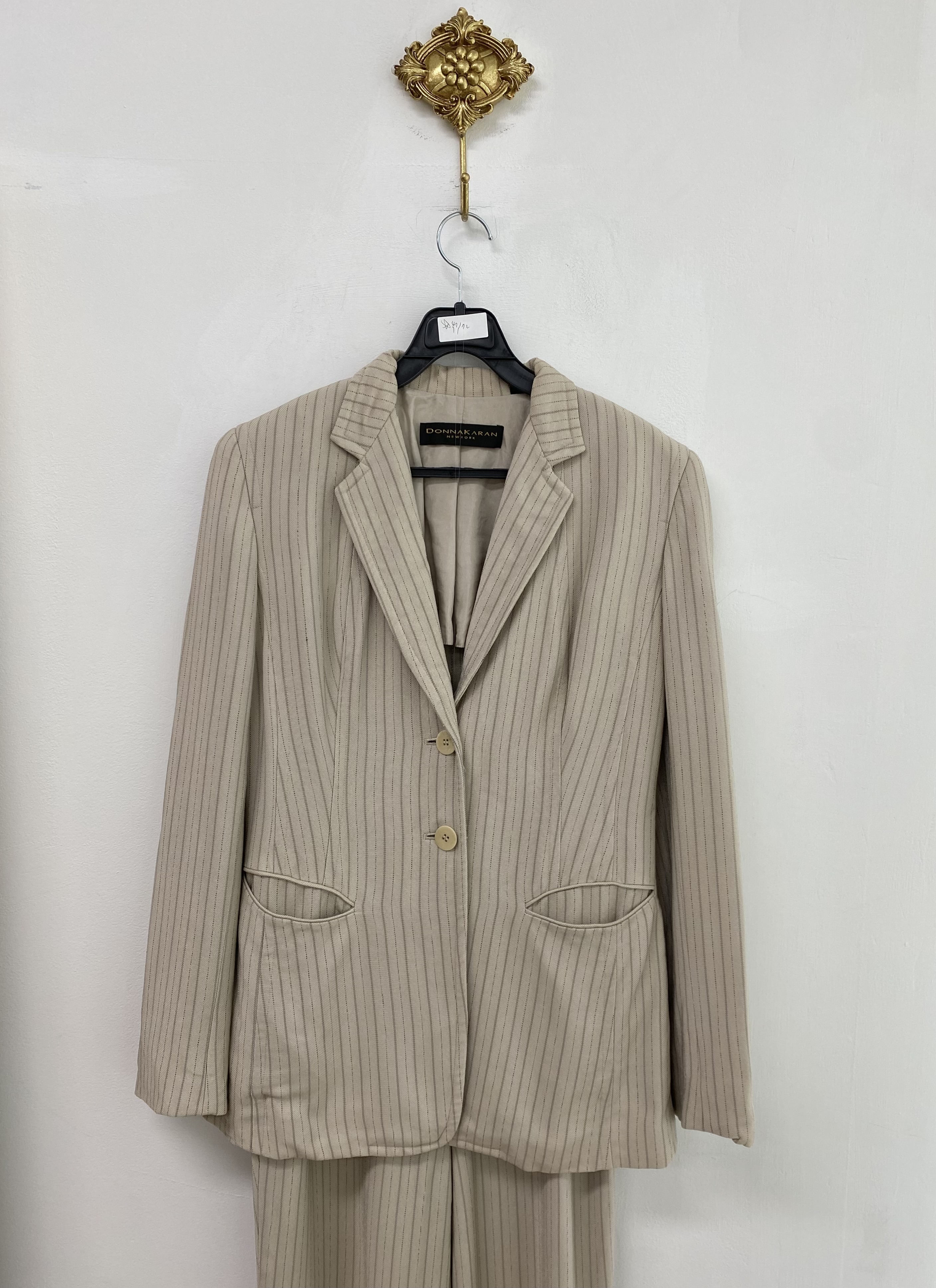 Donna Karan beige stripe two button jacket pants setup