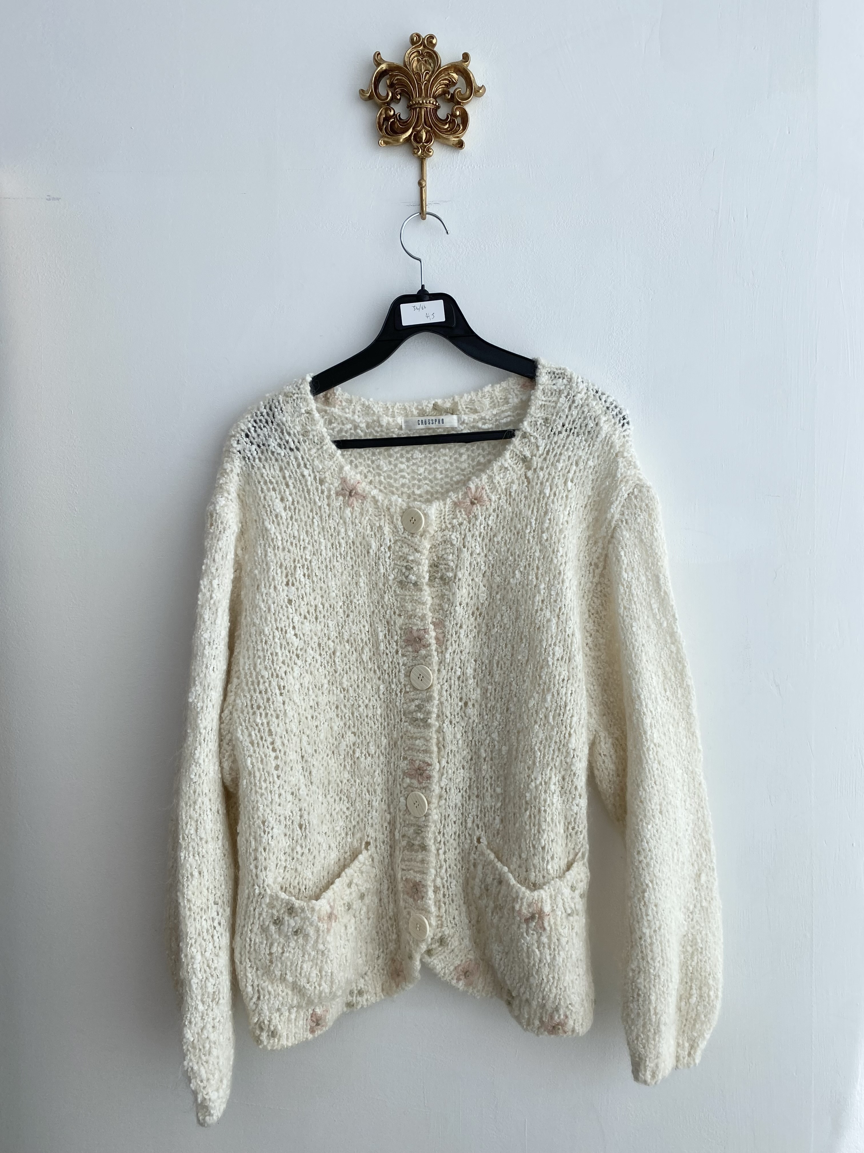 Ivory pastel flower embroidery knit cardigan