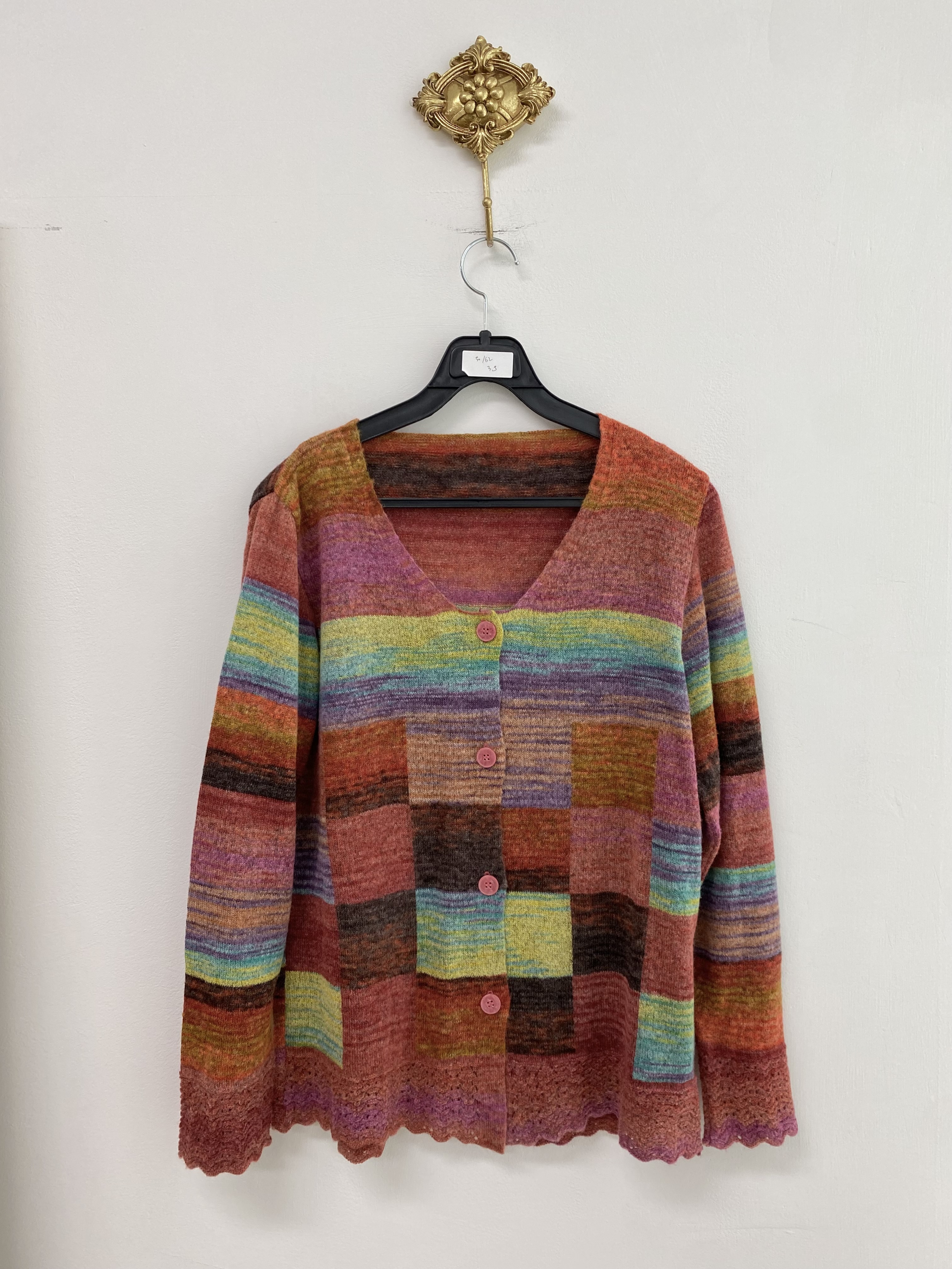Red rainbow color check button cardigan
