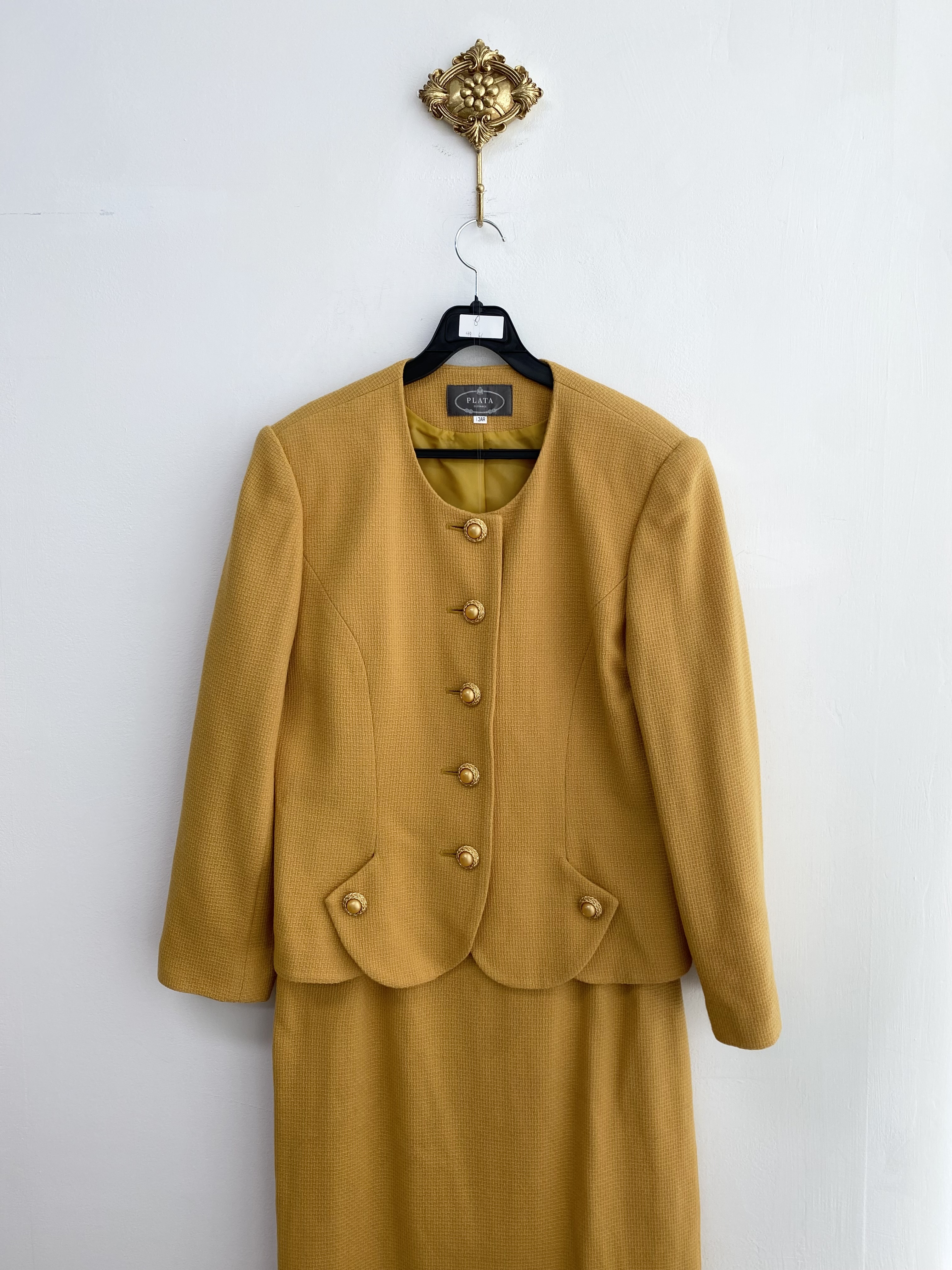 Mustard yellow gold button wool jacket skirt setup