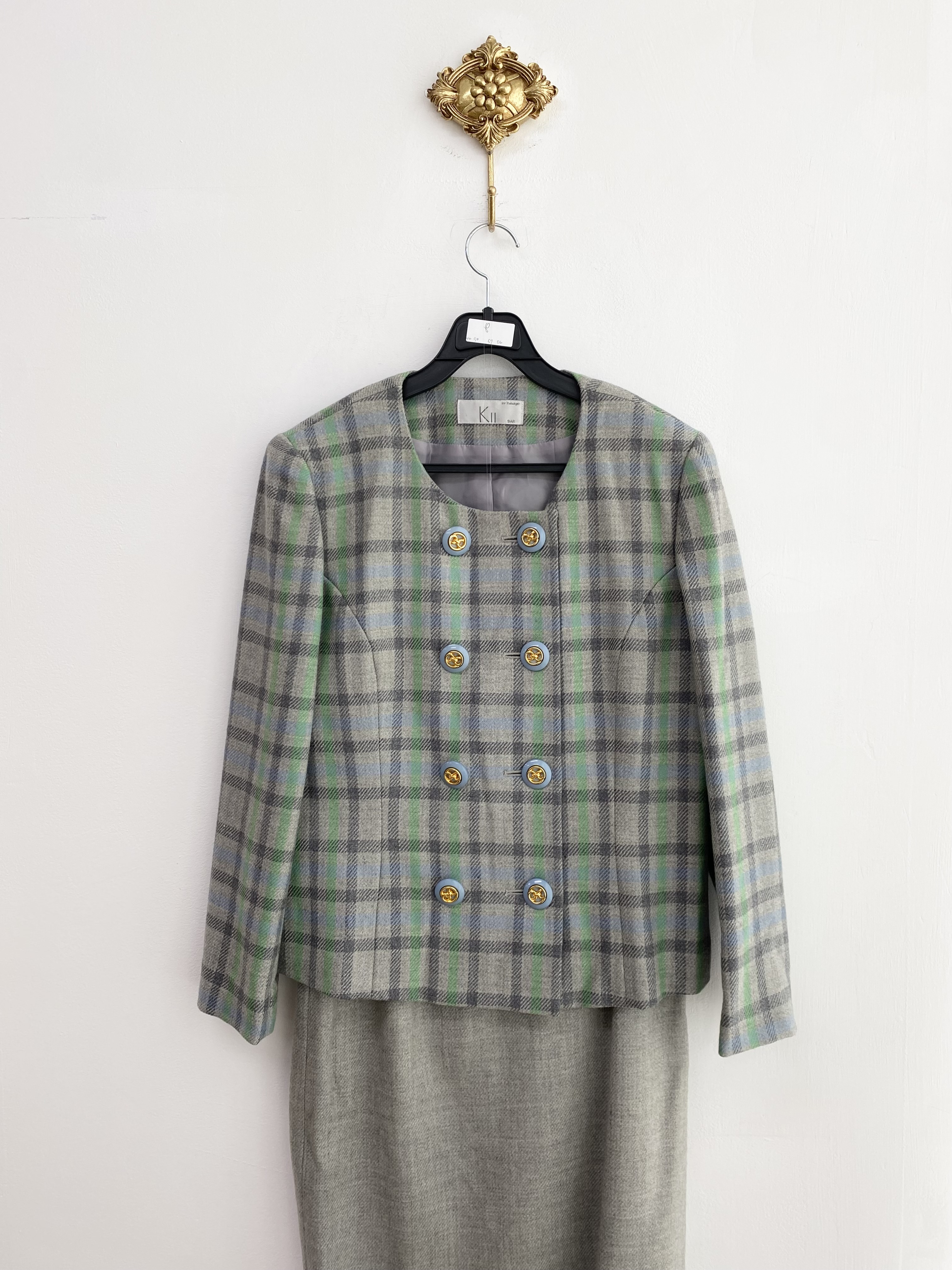 Grey green blue check pattern jacket skirt setup