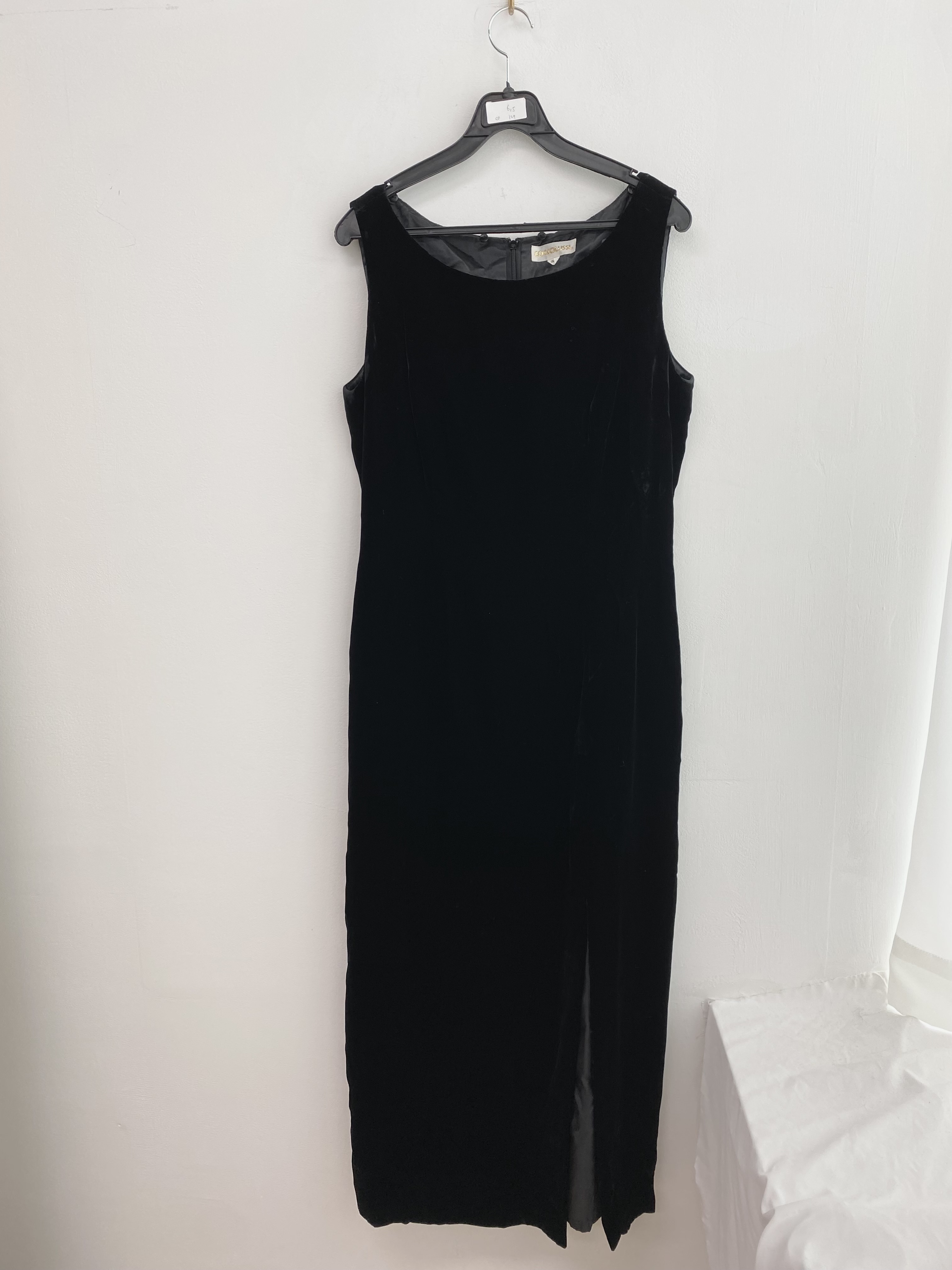 Black velvet deep slit sleeveless dress