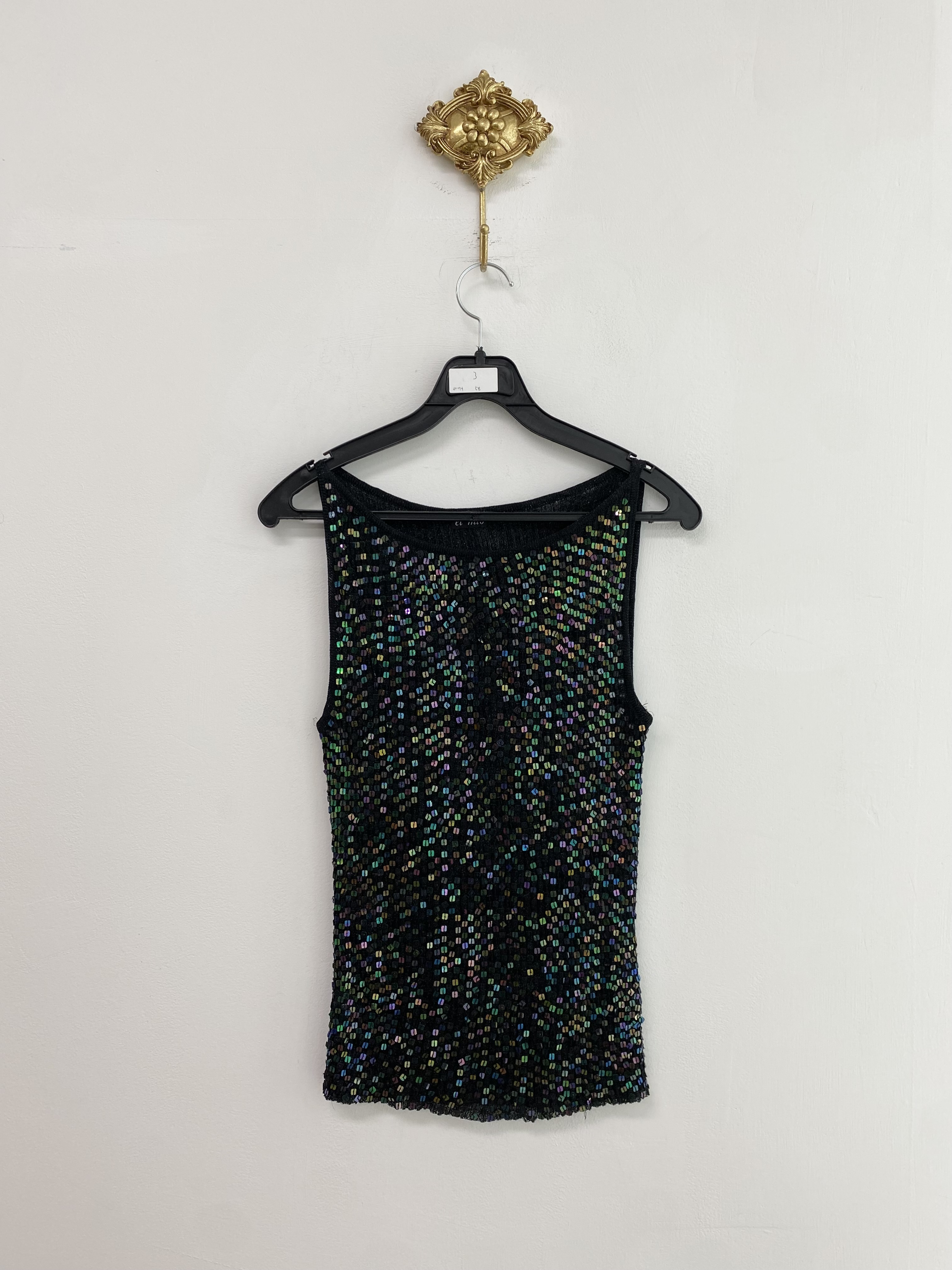 Black colorful sequins span sleeveless top