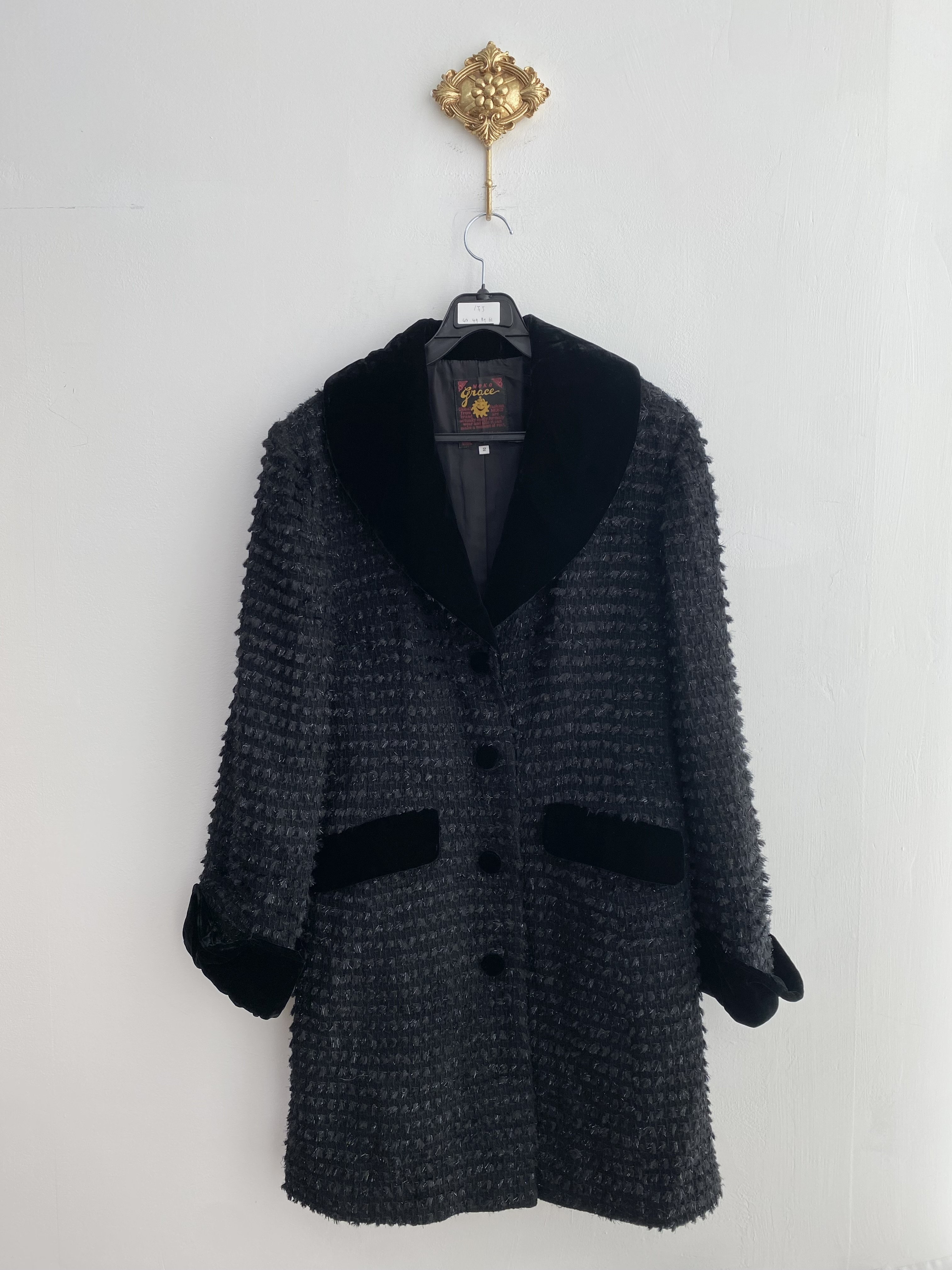 Black glittery pattern velvet point boxy long jacket