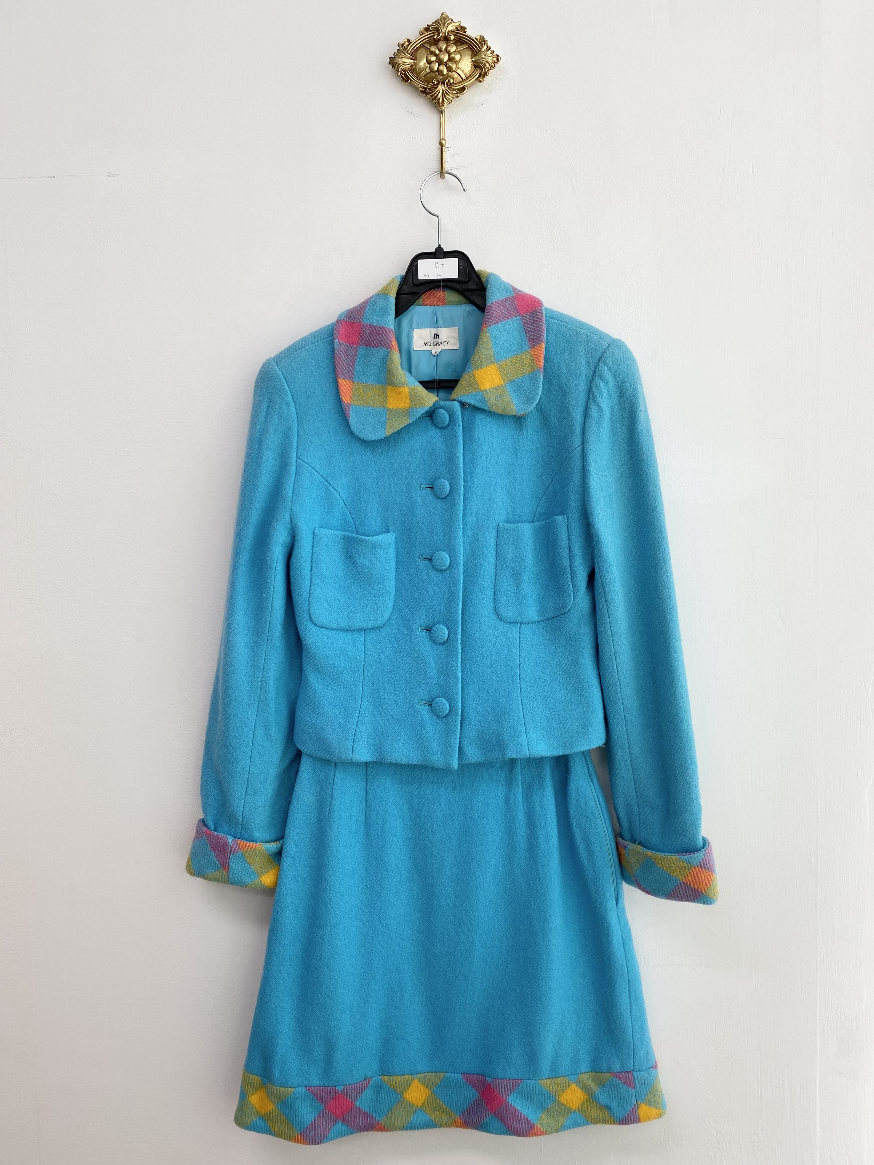 Aqua blue colorful check point wool jacket skirt setup