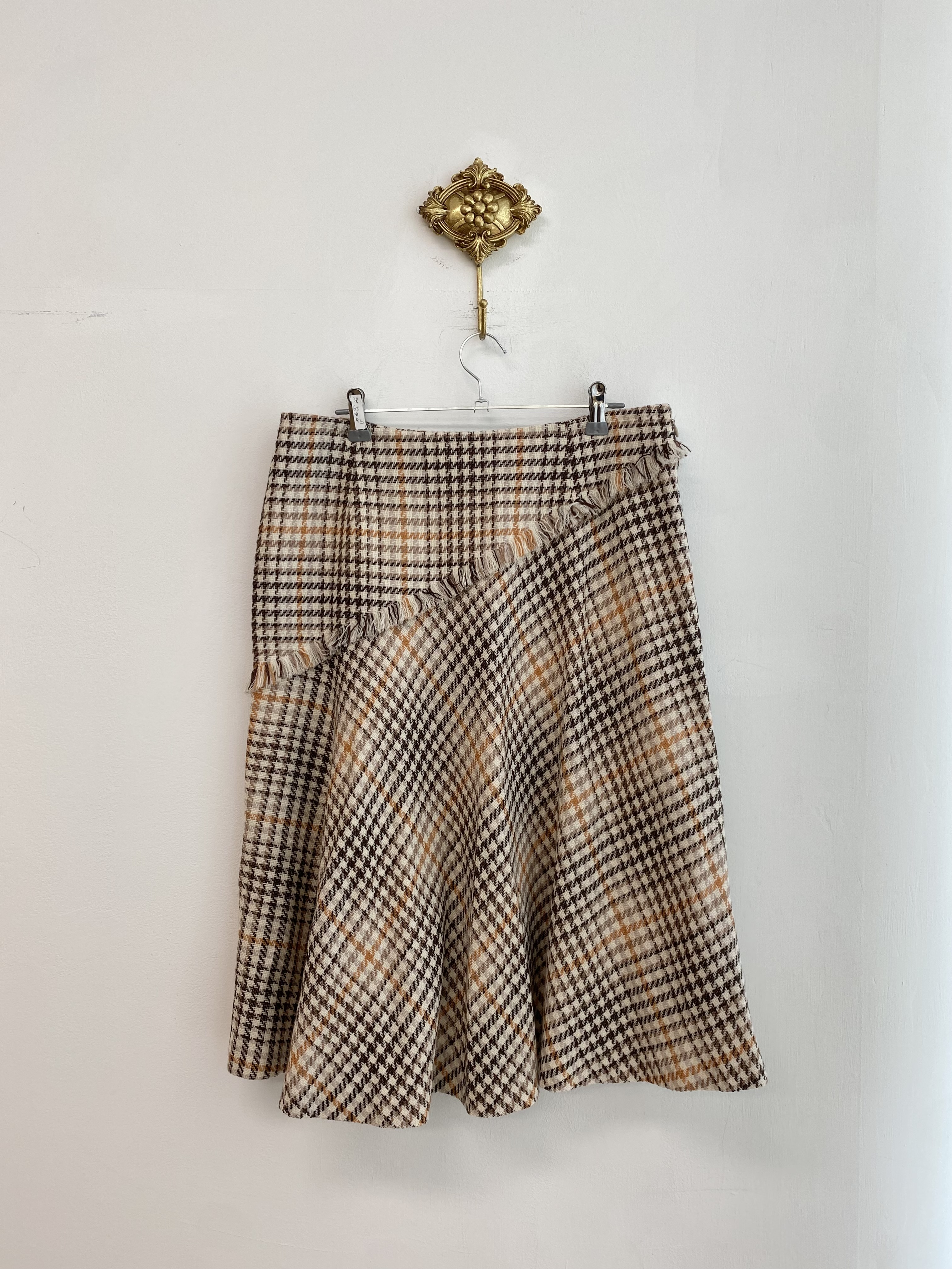 Givenchy ivory brown check pattern tassel mid skirt