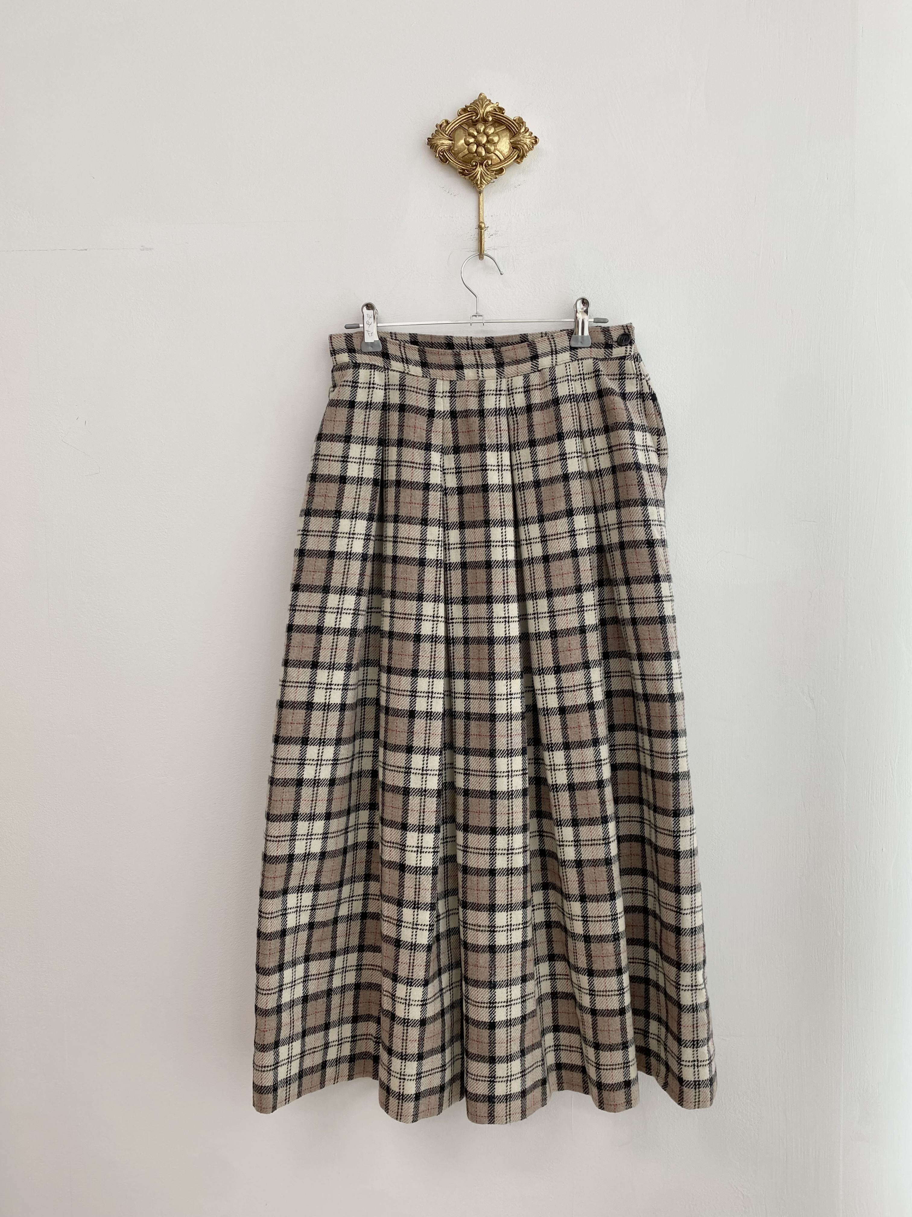 Ivory pink beige check pleated long skirt (made in usa)