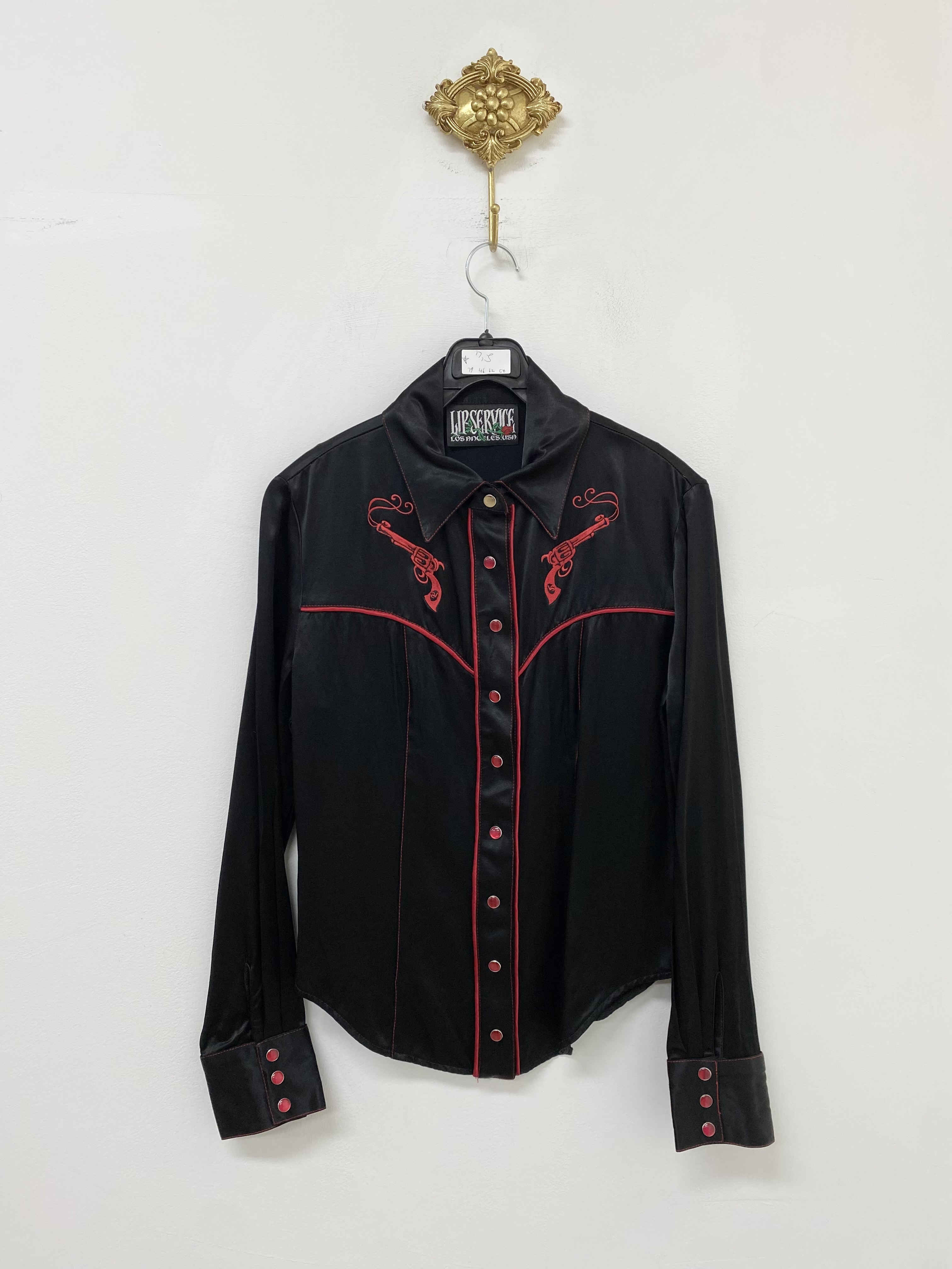 Lip Service black red embroidery point satin shirt (made in usa)