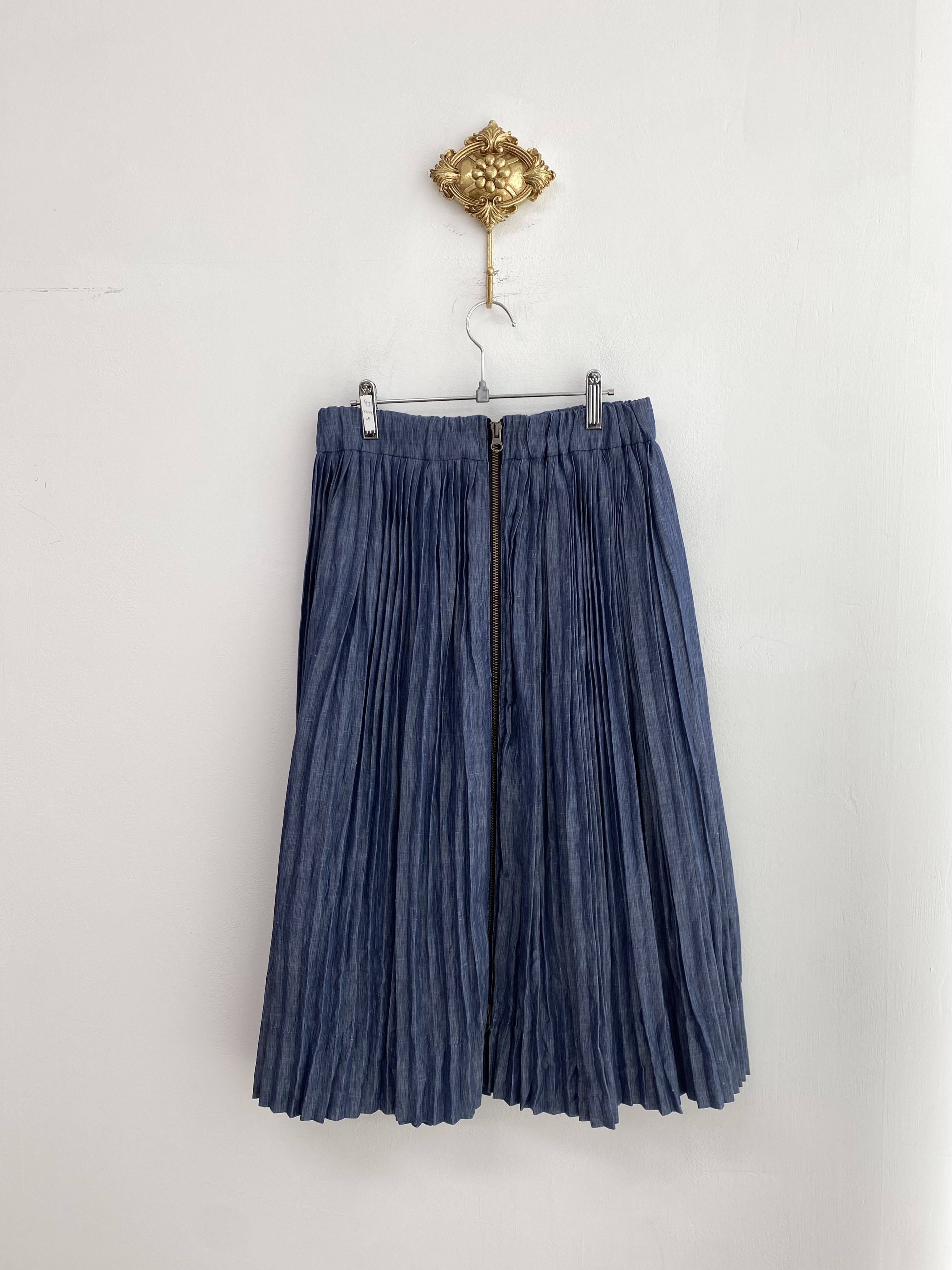 Blue linen mix pleated zipper long skirt