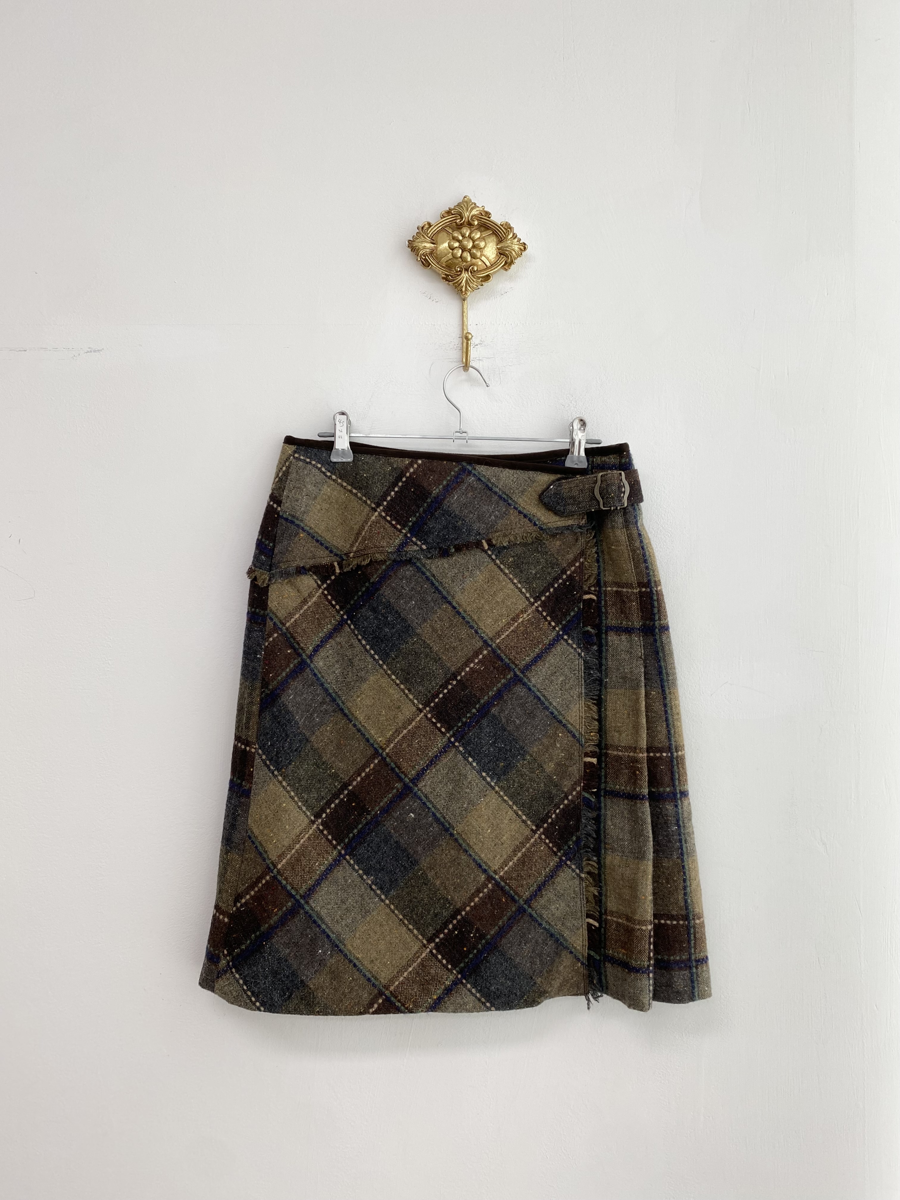 Brown wool check pattern belt wrap skirt