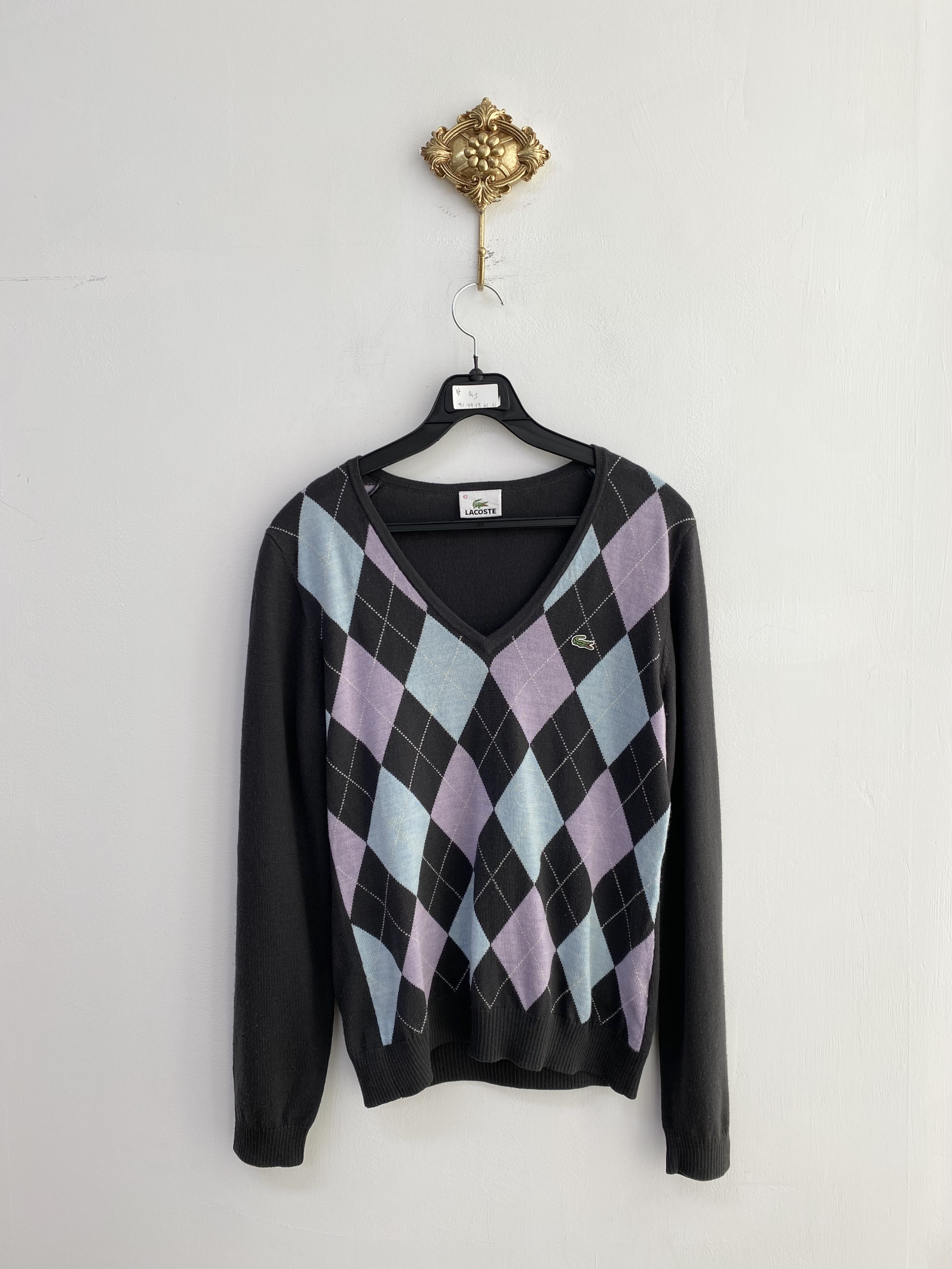 Lacoste charcoal blue purple argyle pattern v-neck knit