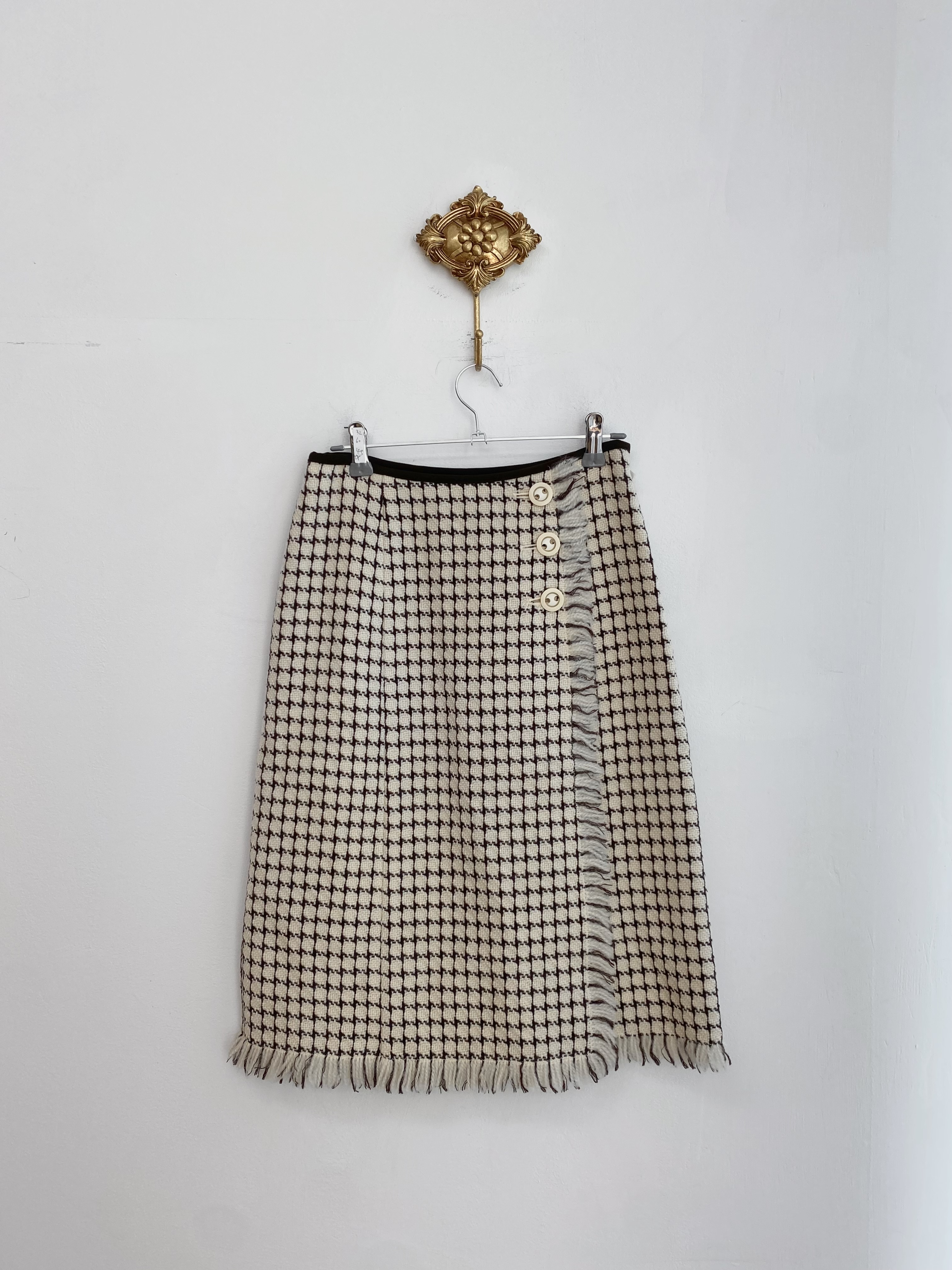 ROPÉ ivory brown check pattern wrap style skirt