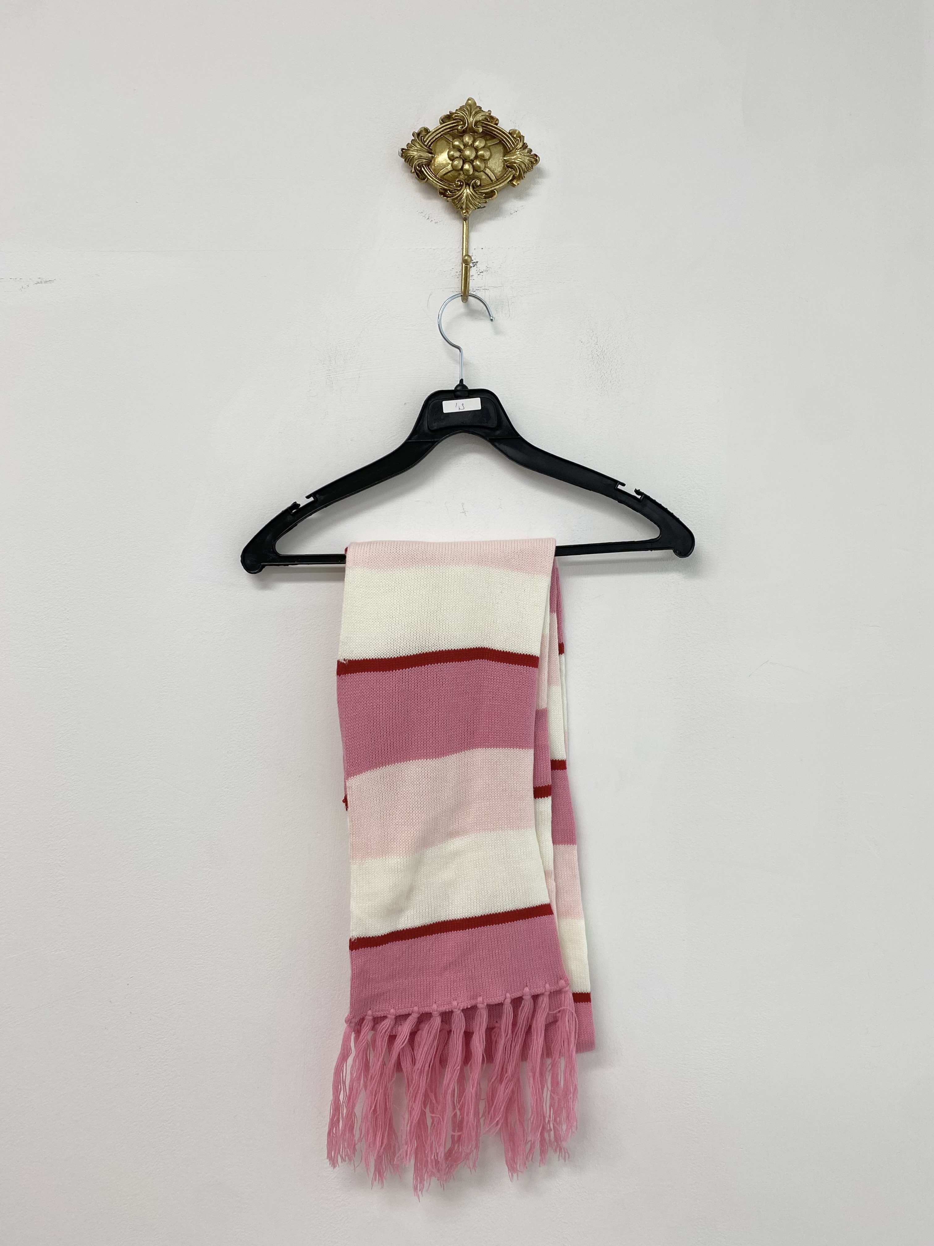 Pink color stripe tassel knit muffler