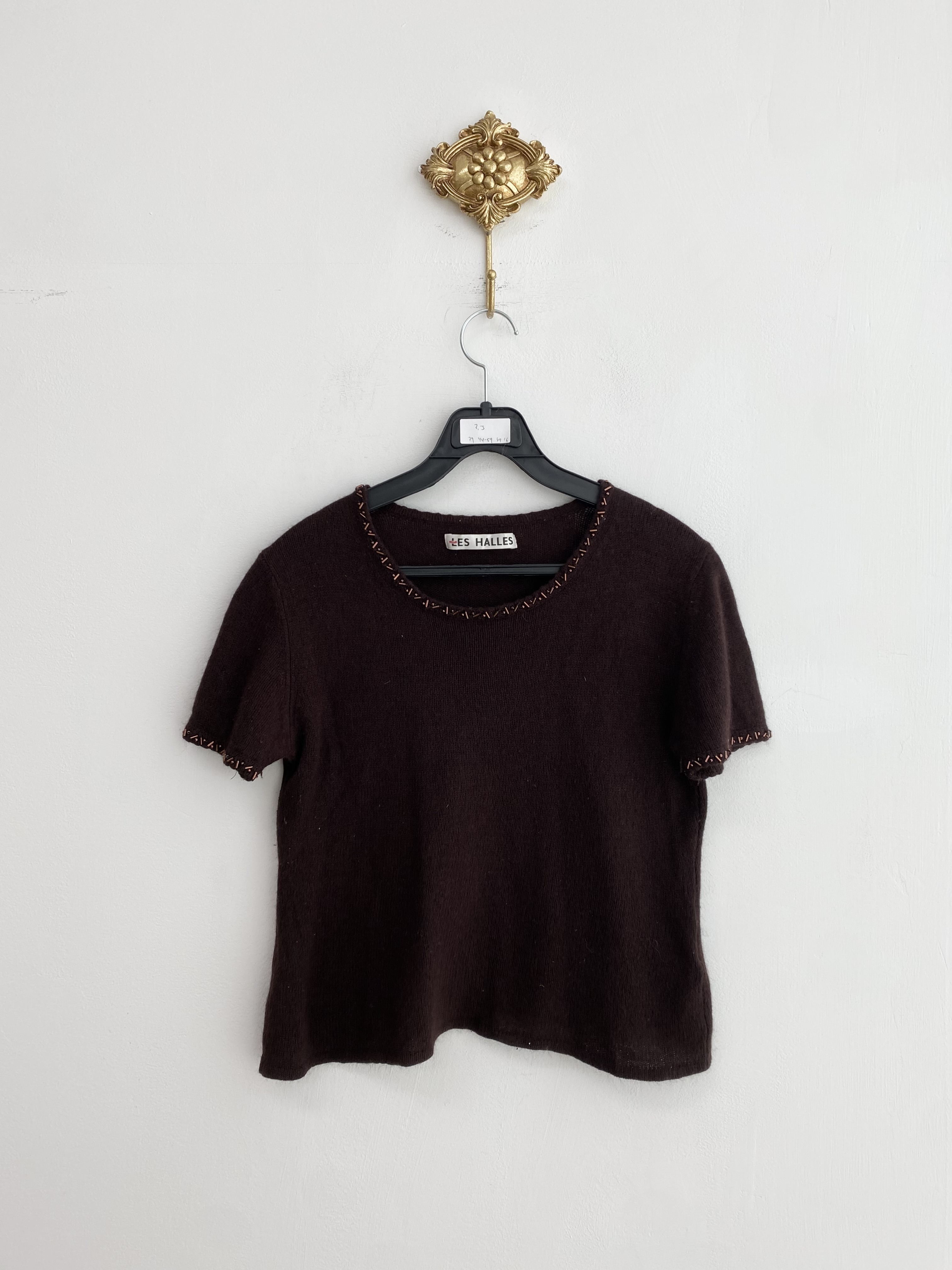 Brown cubic point wool angora short sleeve knit