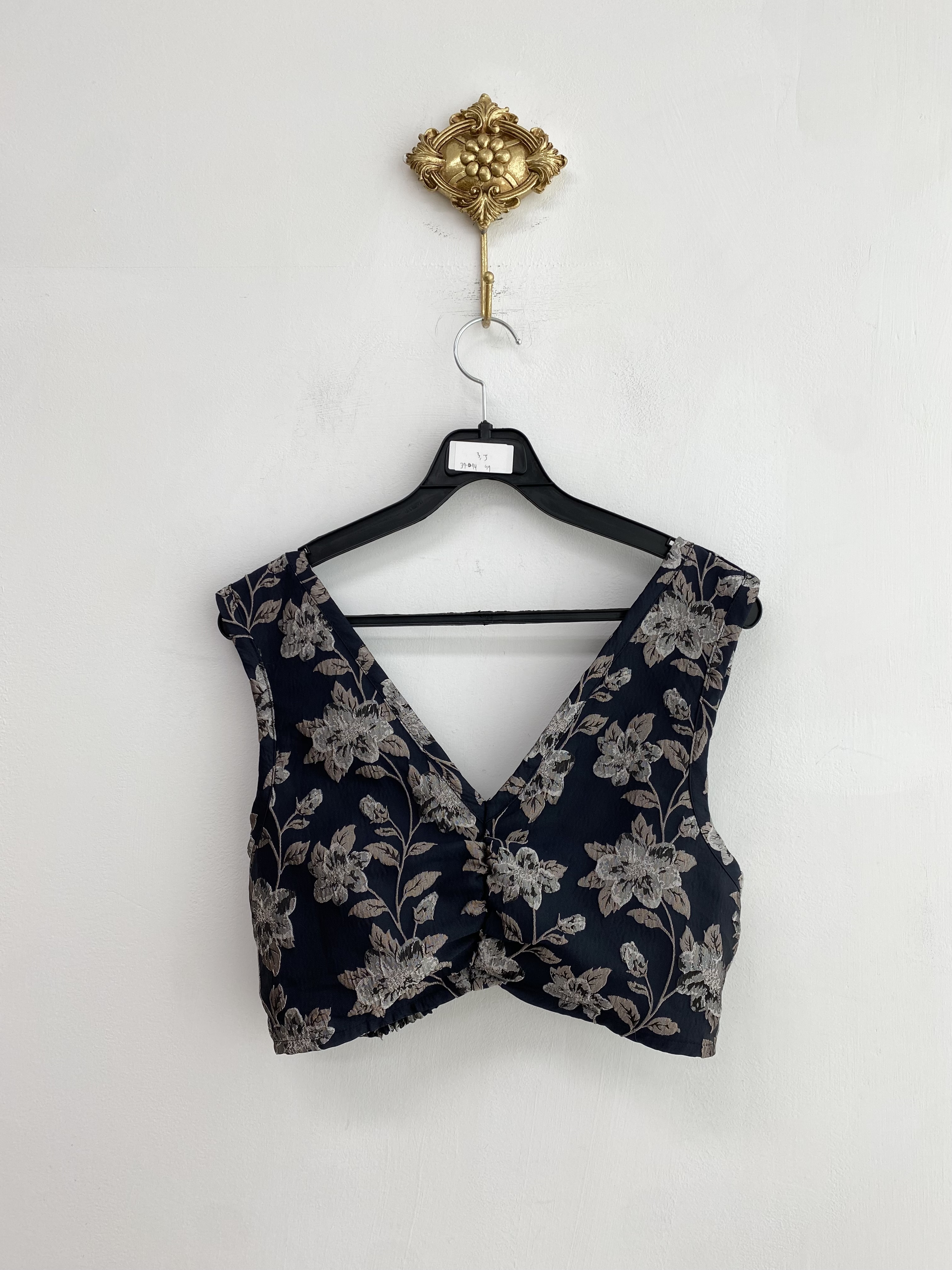 Navy botanical embroidery banding crop layered top