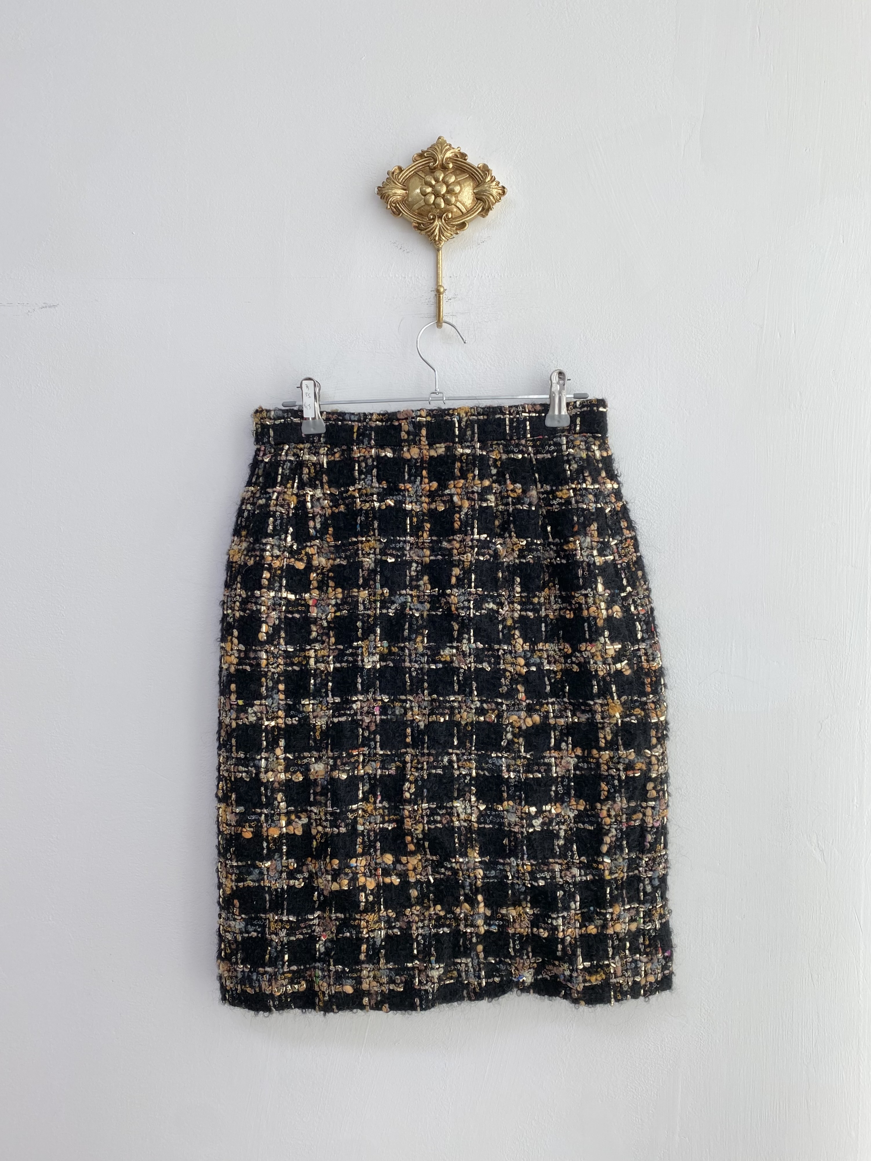 Black gold shiny unique grid pattern wool skirt