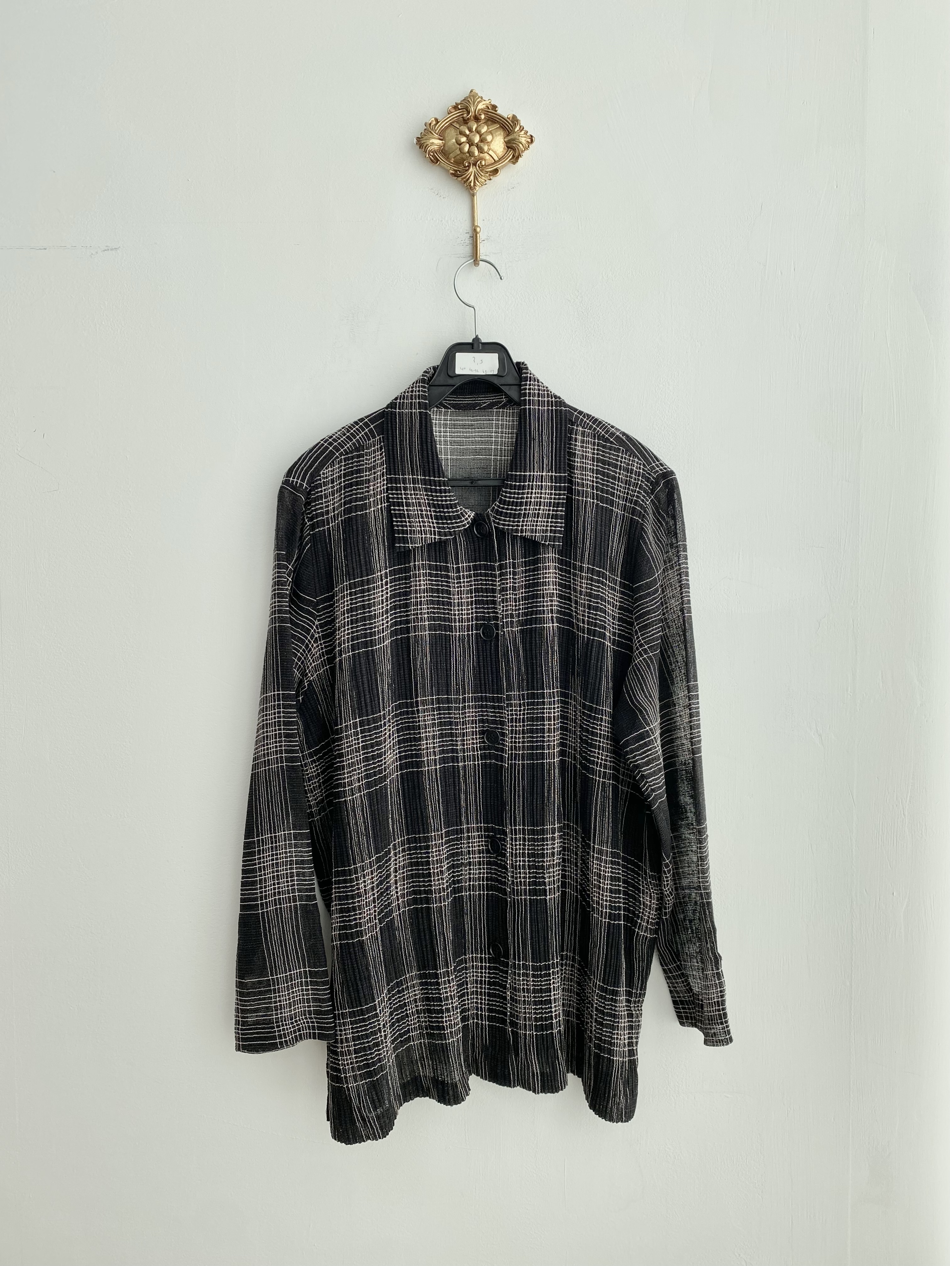 Black grid pleated poly see-through button shirt