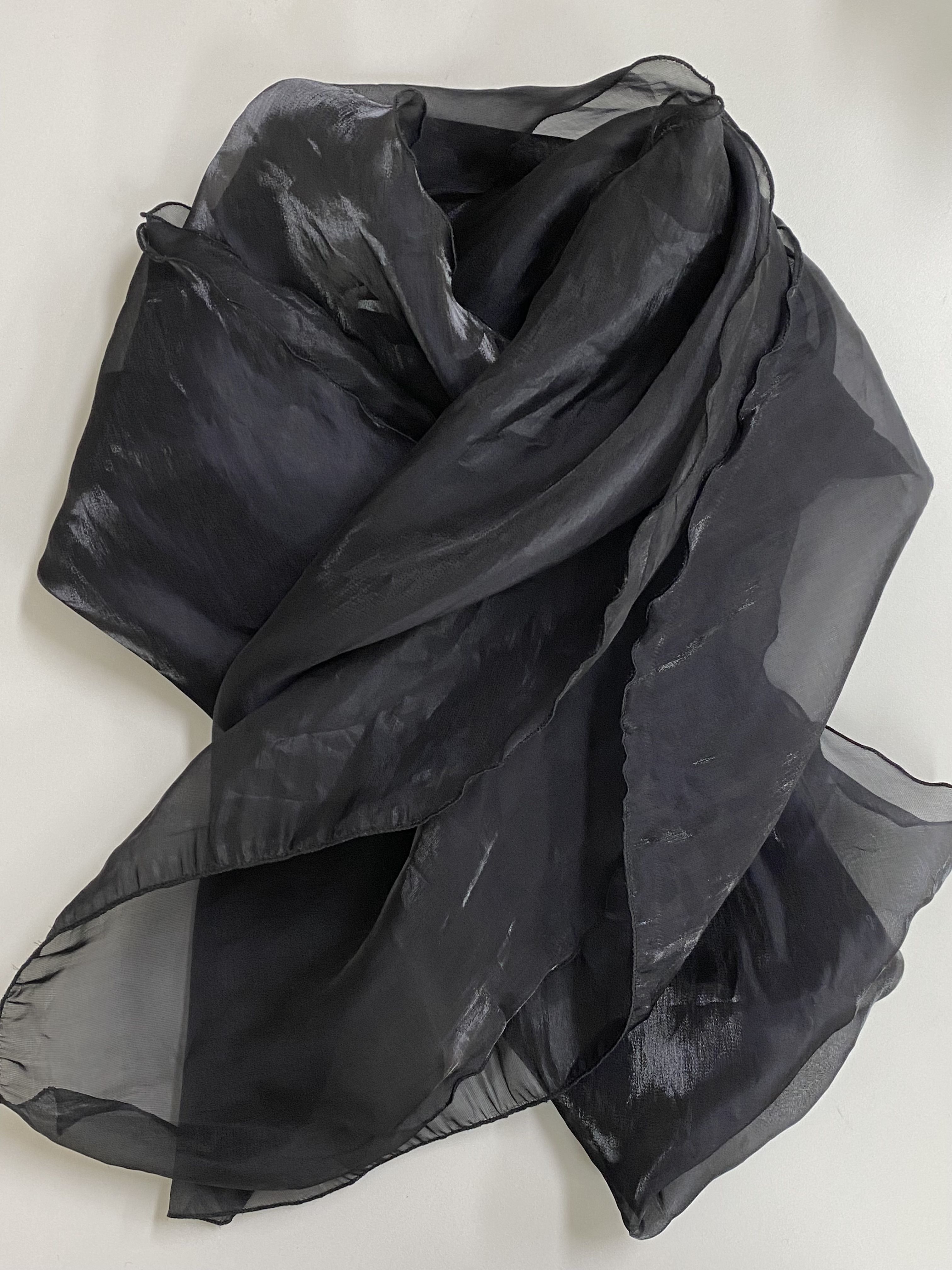Black glossy ruffle long scarf