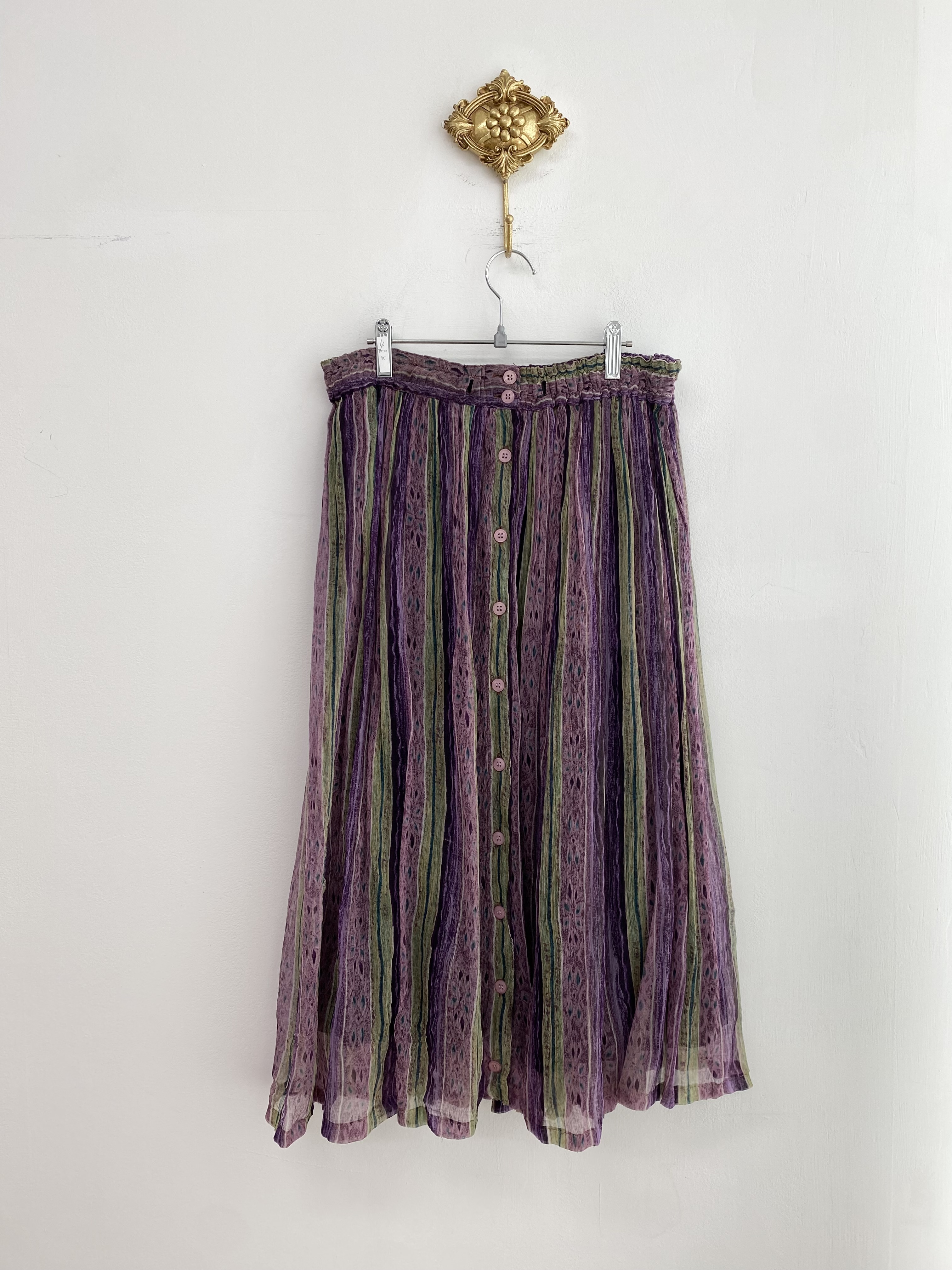 Purple green stripe pattern button skirt