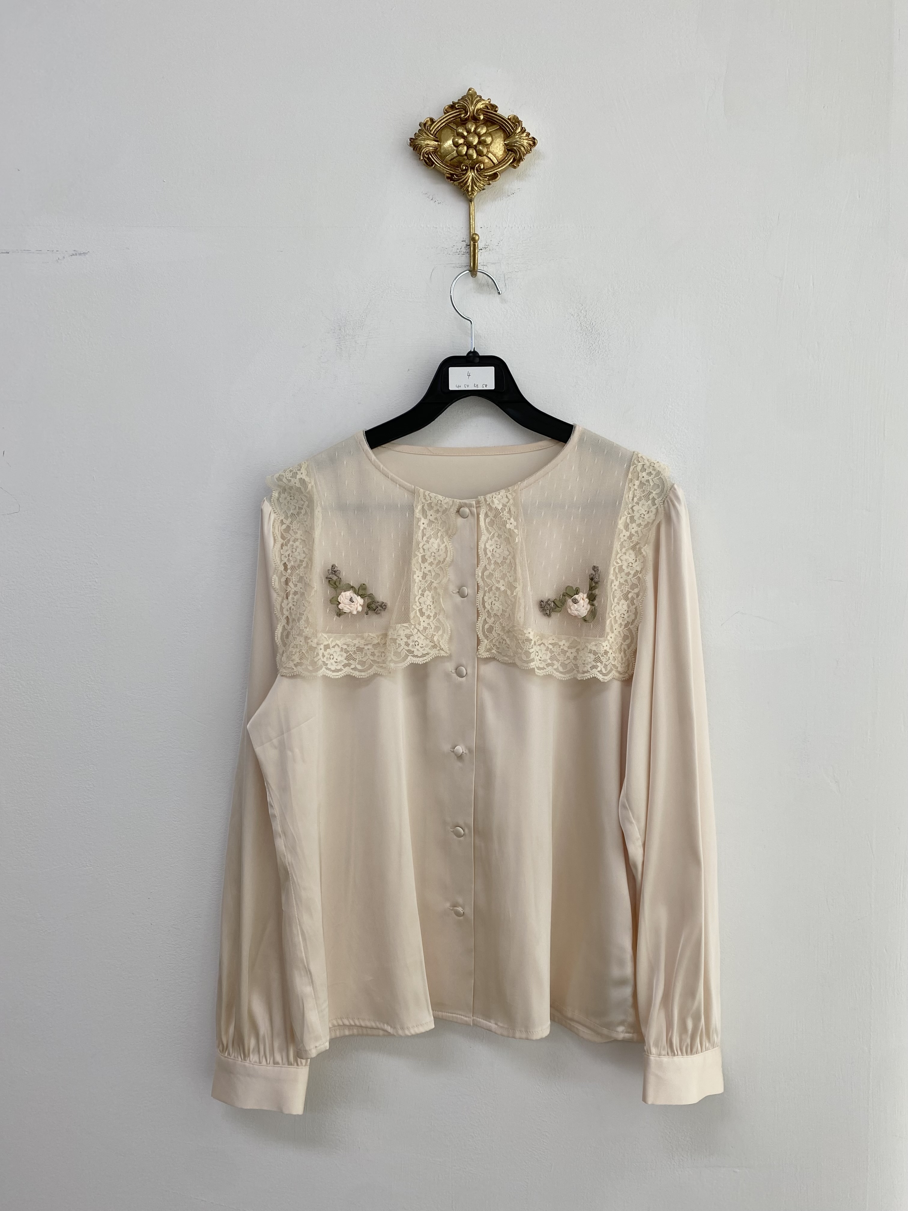 Beige flower lace poly collarless blouse
