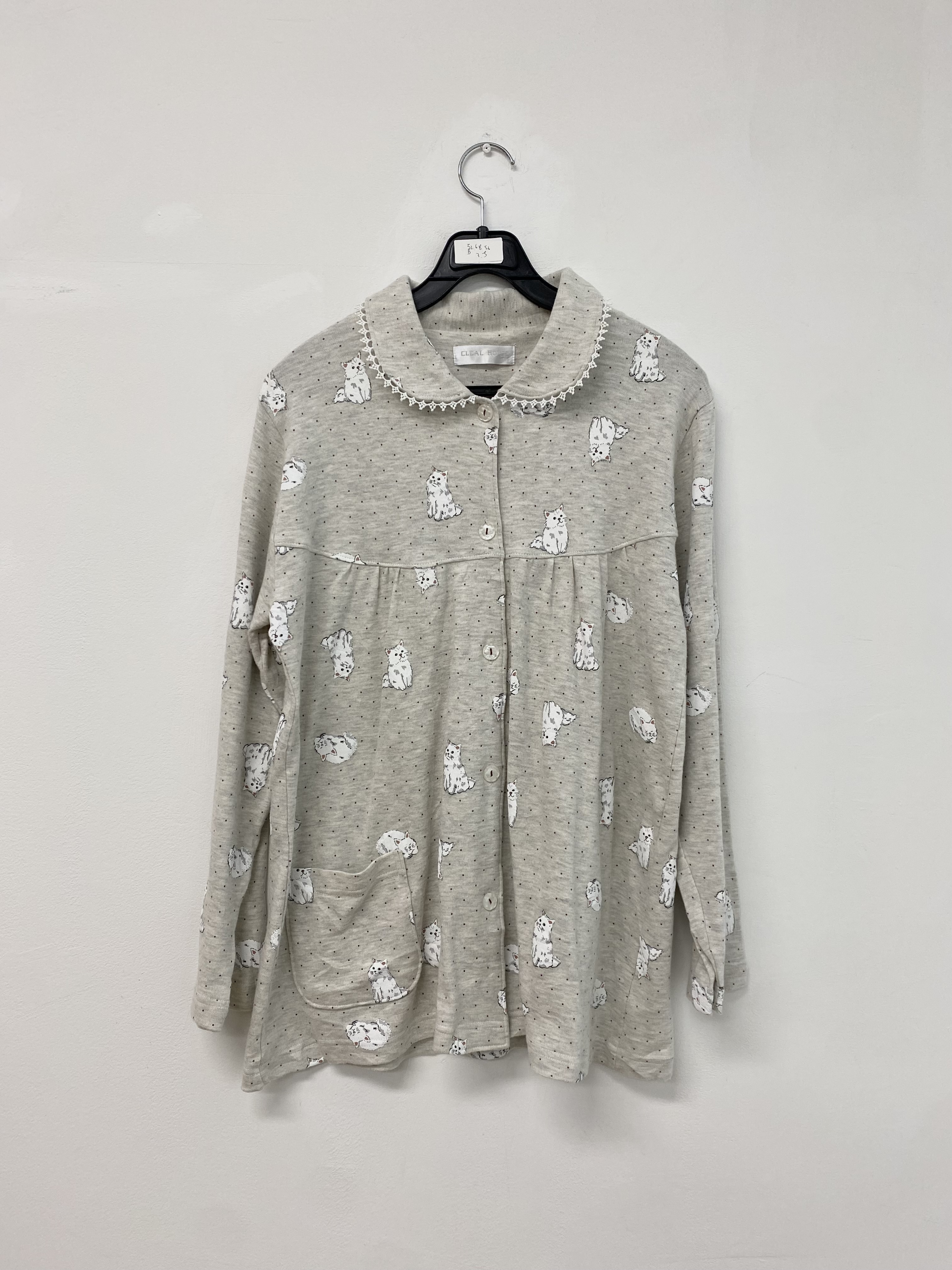 Melange grey cat pattern lace cotton pajama shirt