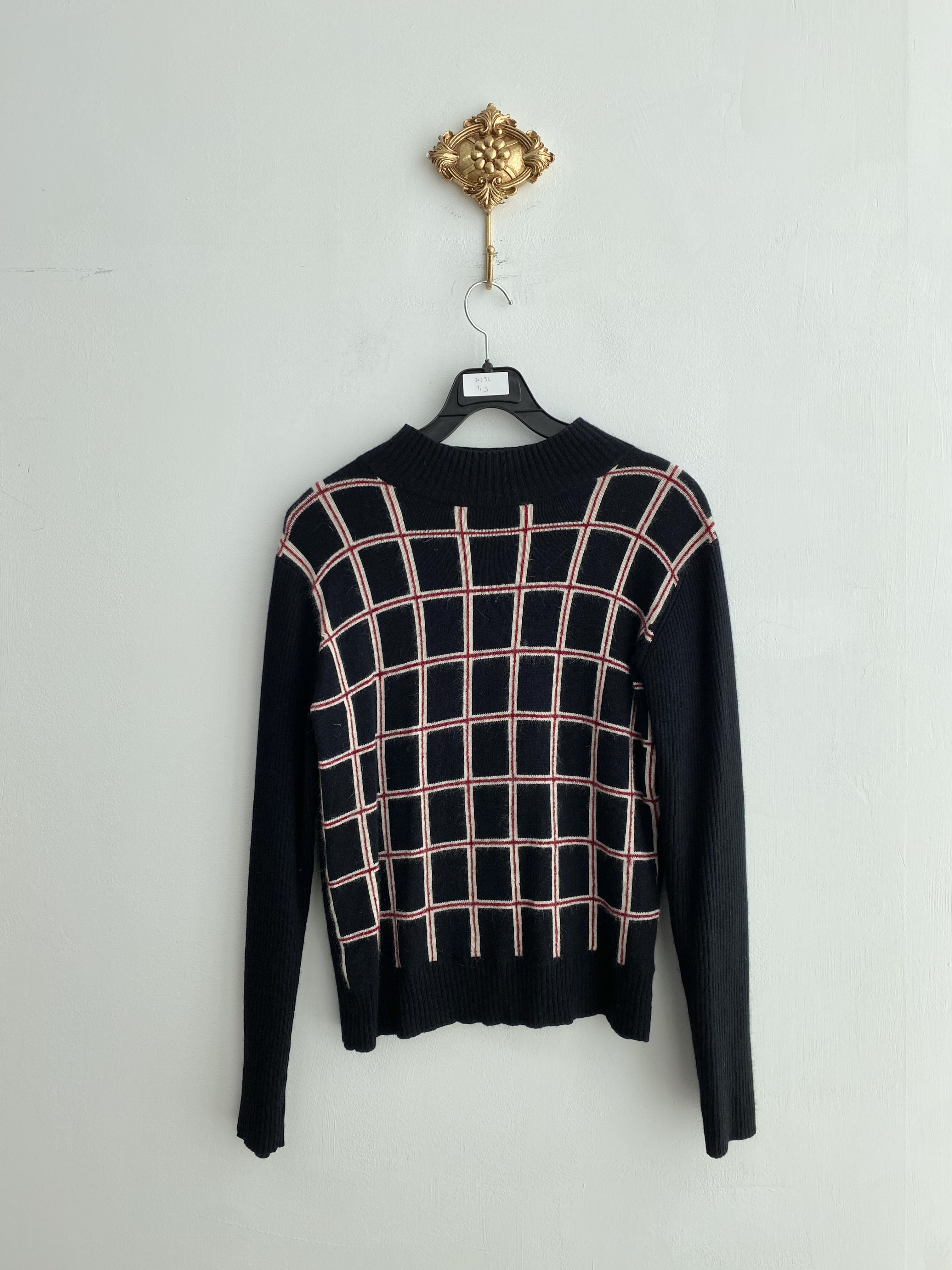 Black red grid pattern angora mix knit