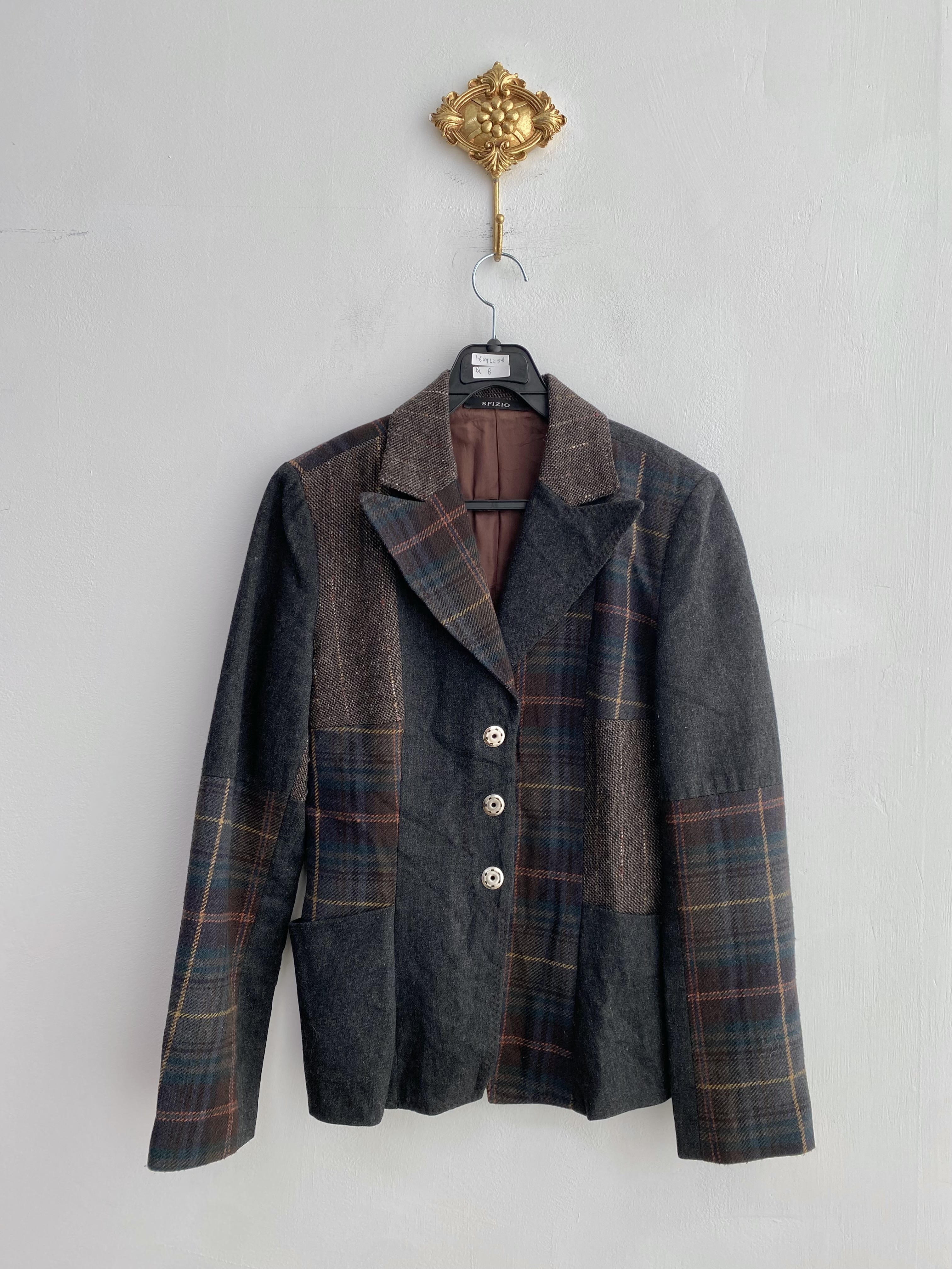 Brown check pattern patchwork wool jacket (made in italy)