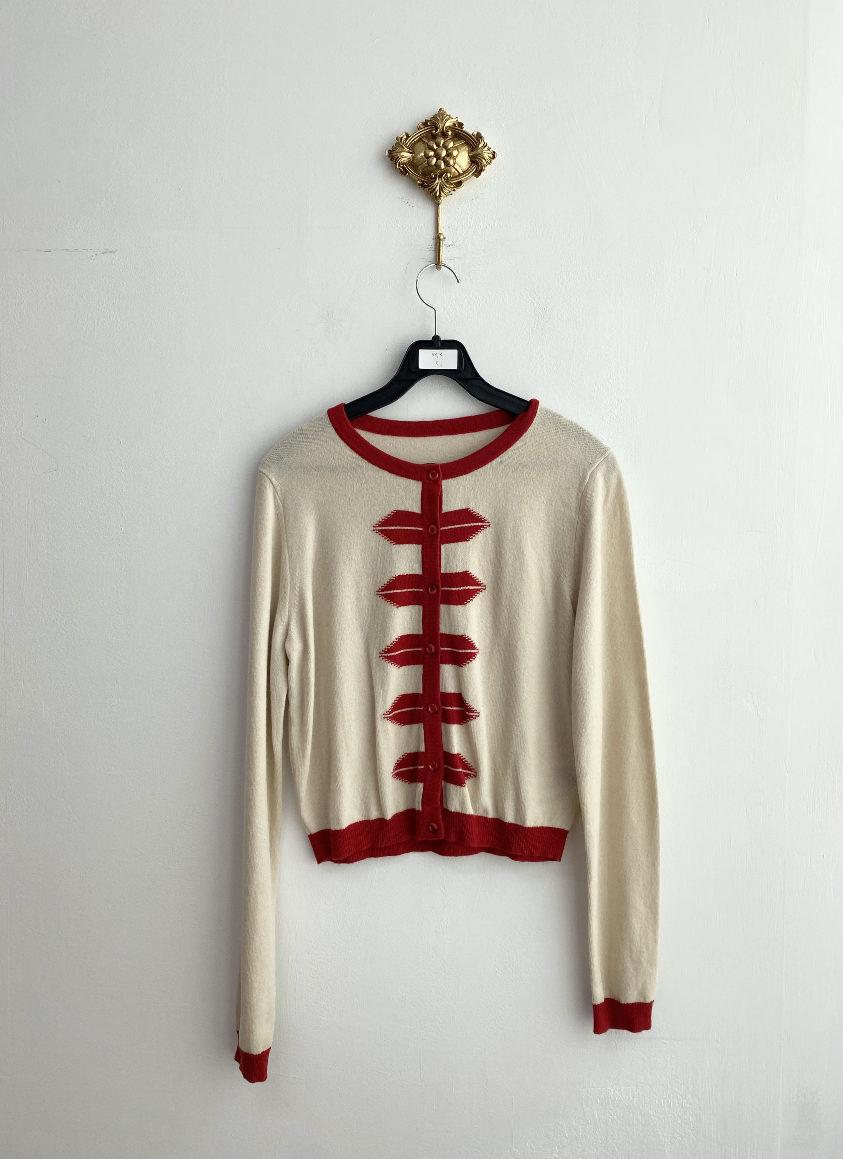 Ivory red point wool cashmere cardigan