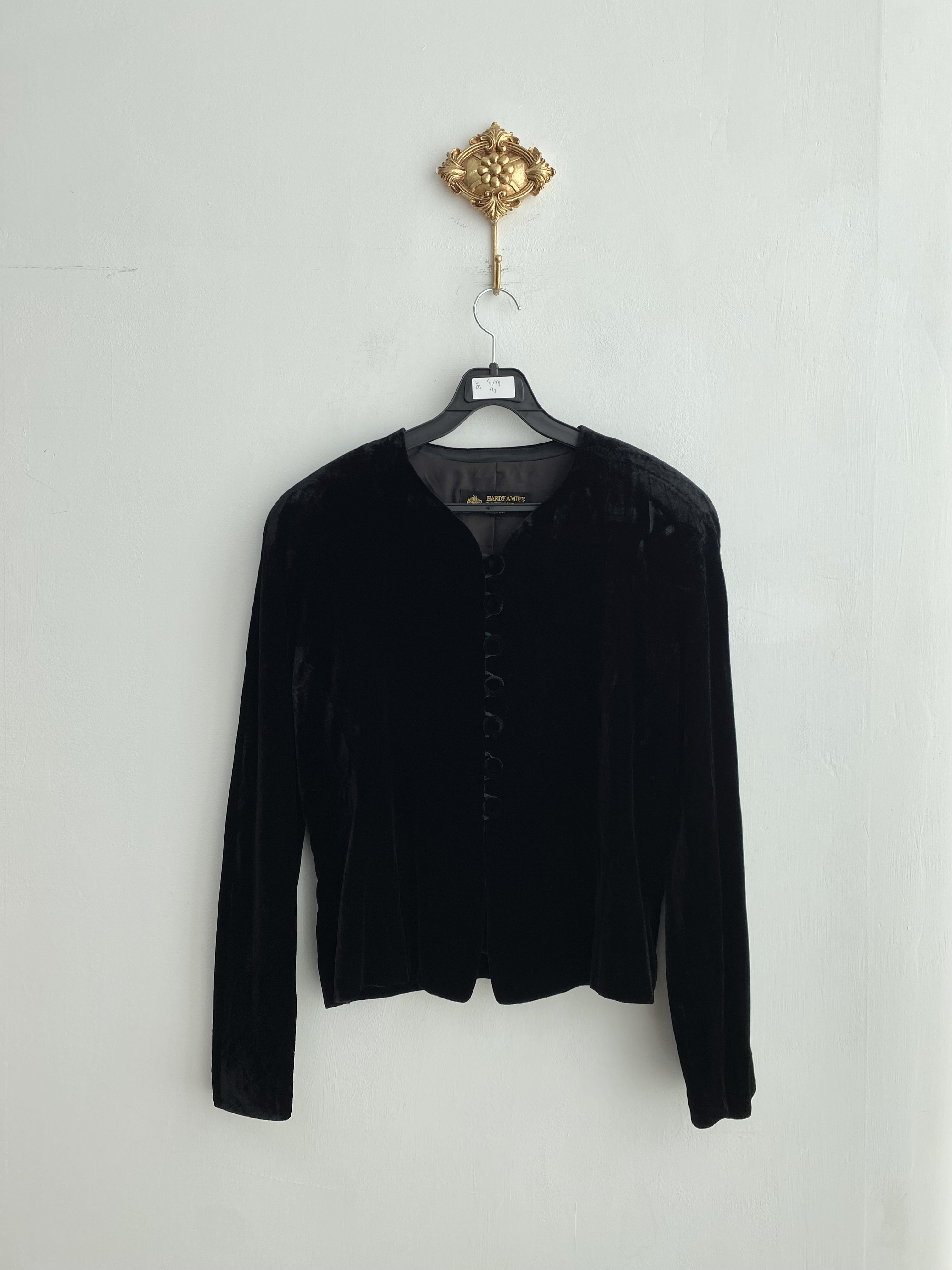 Hardy Amies black pattern velvet collarless jacket