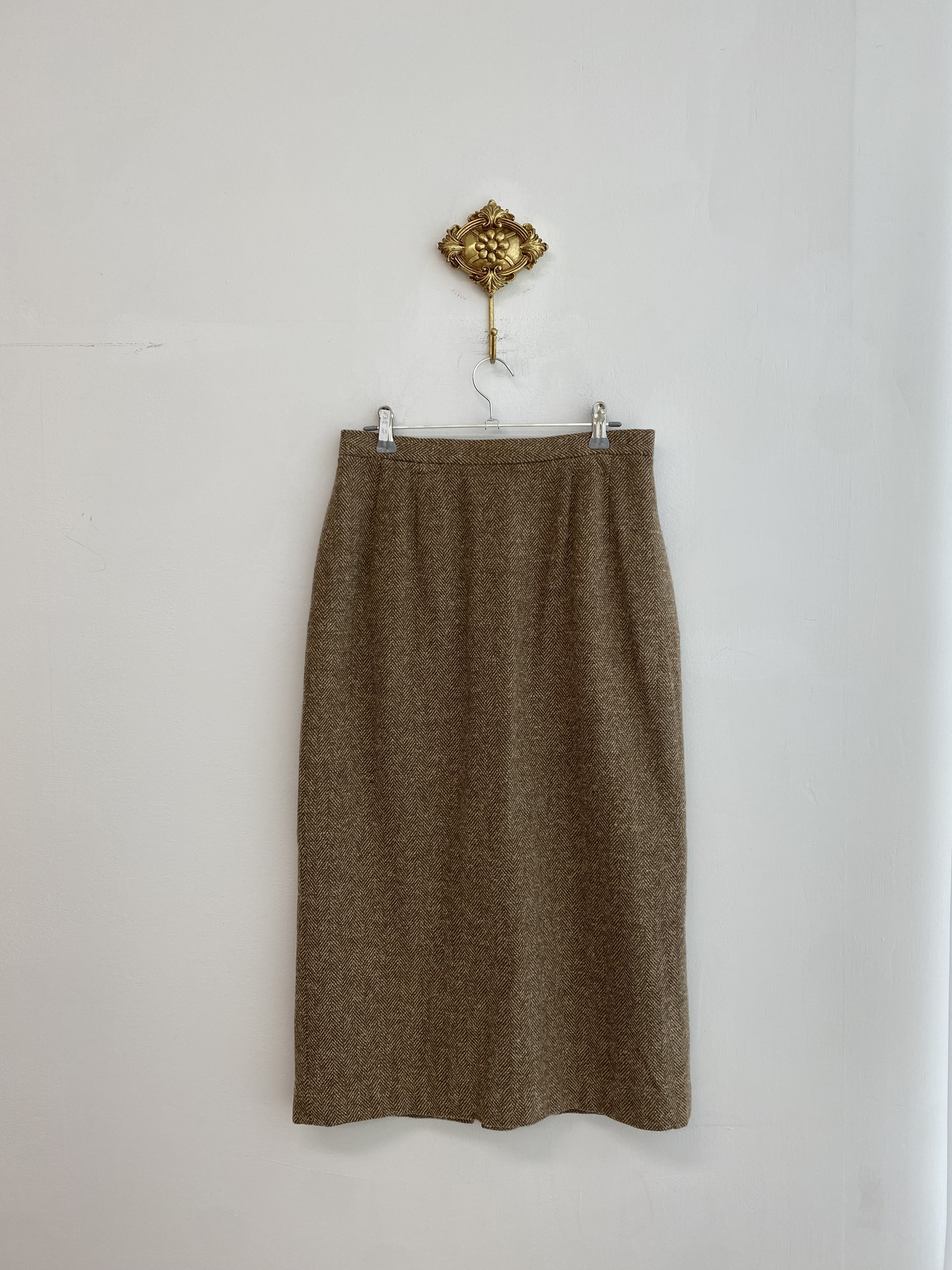 Brown wool herringbone long h-line skirt