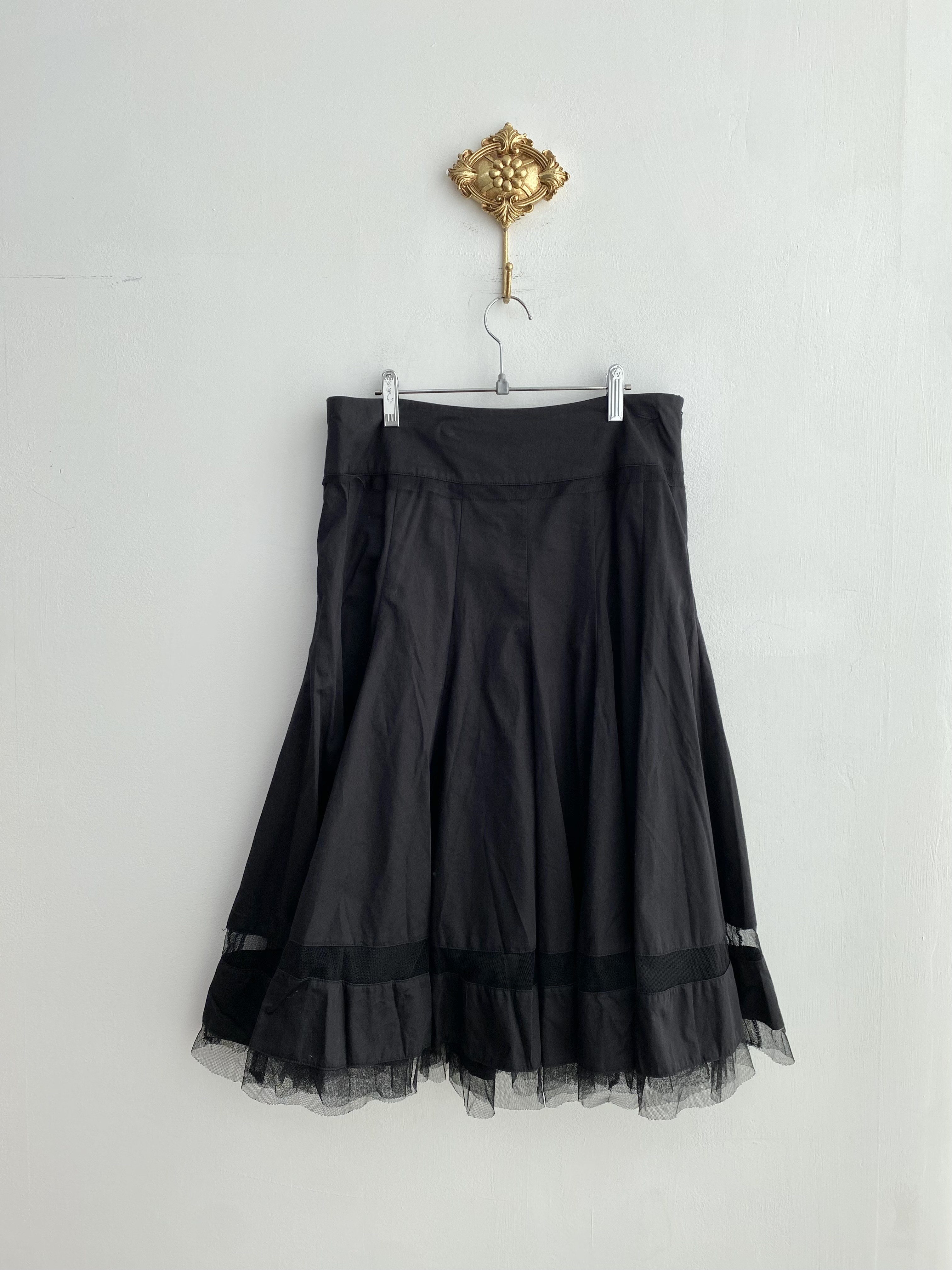 Black cotton mesh mix a-line mid long skirt