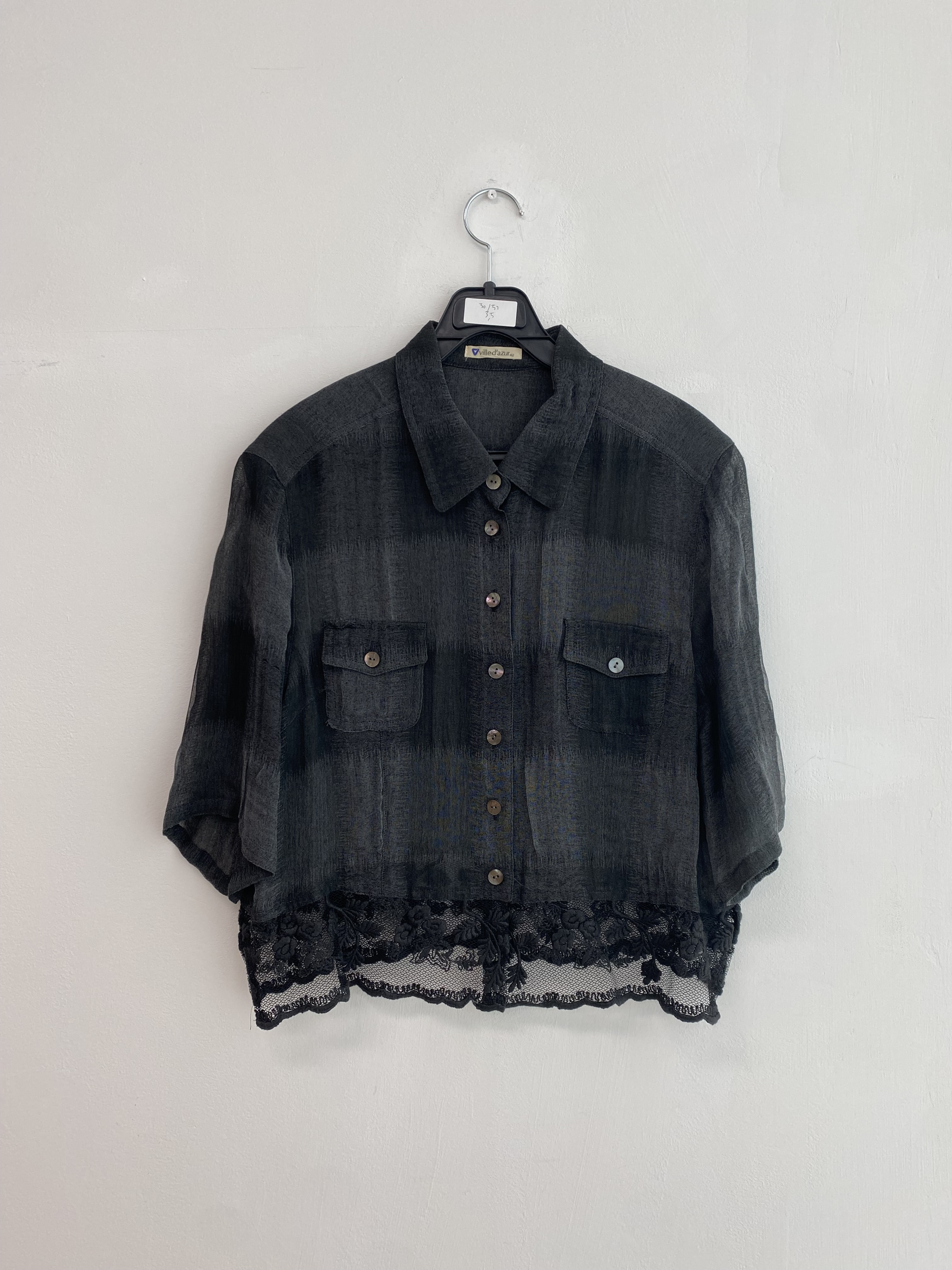 Black check lace point see-through shirt blouse